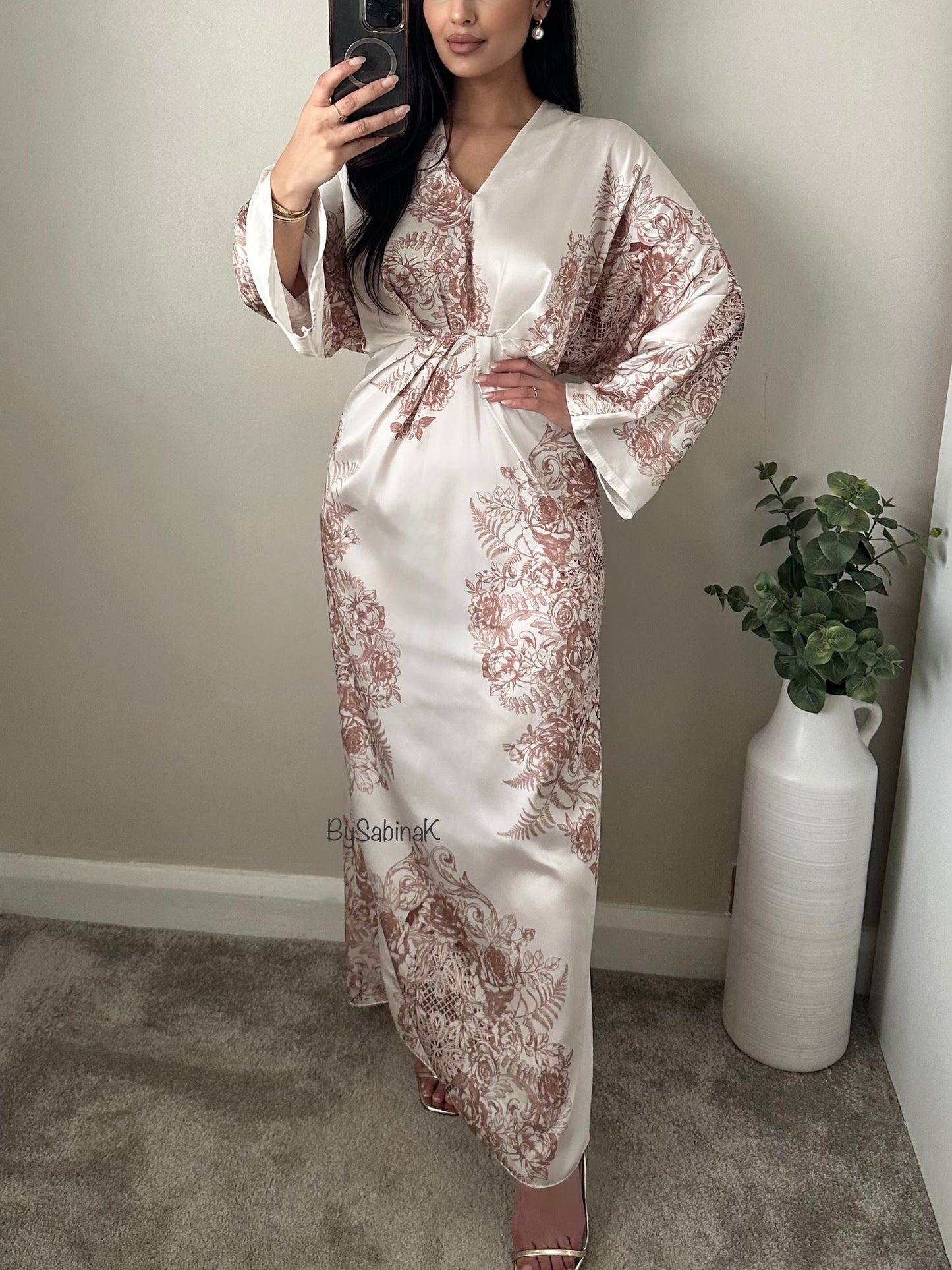 Brown White Floral Batwing Satin Dress