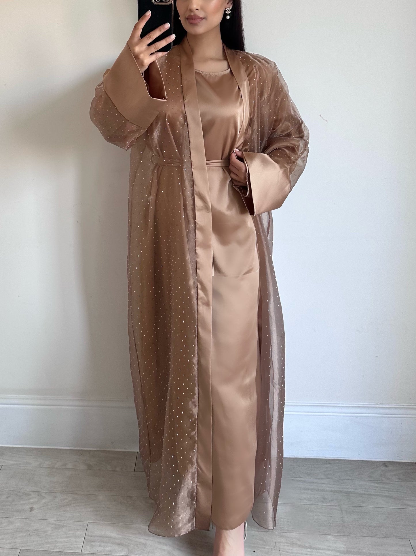 Gold Organza Rhinestone Abaya Set