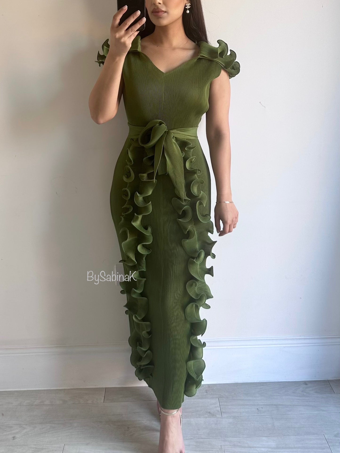Lime Green Ruffle Pleated Sleeveless Dress