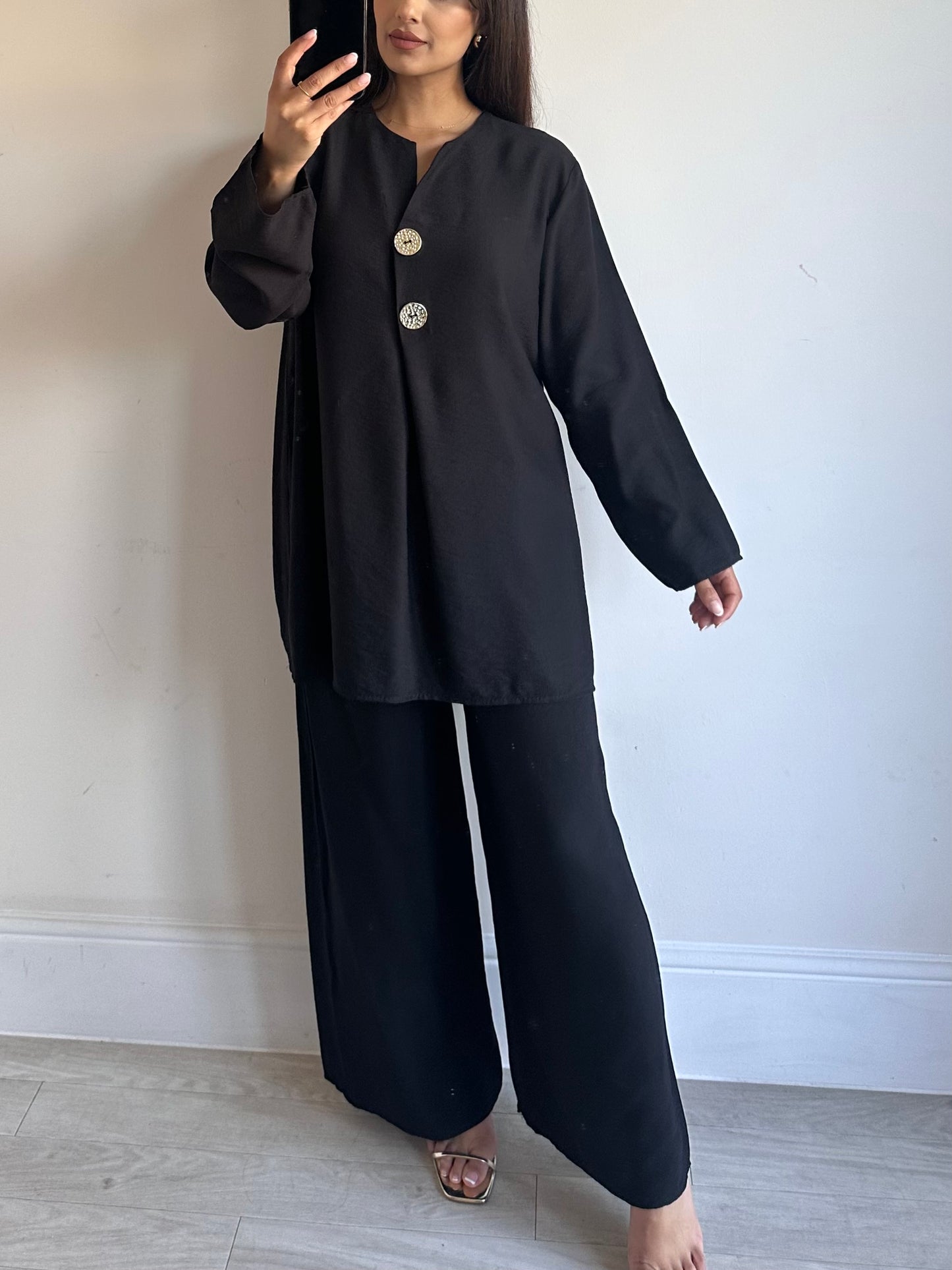 Black Linen Gold Button Co-ord Set