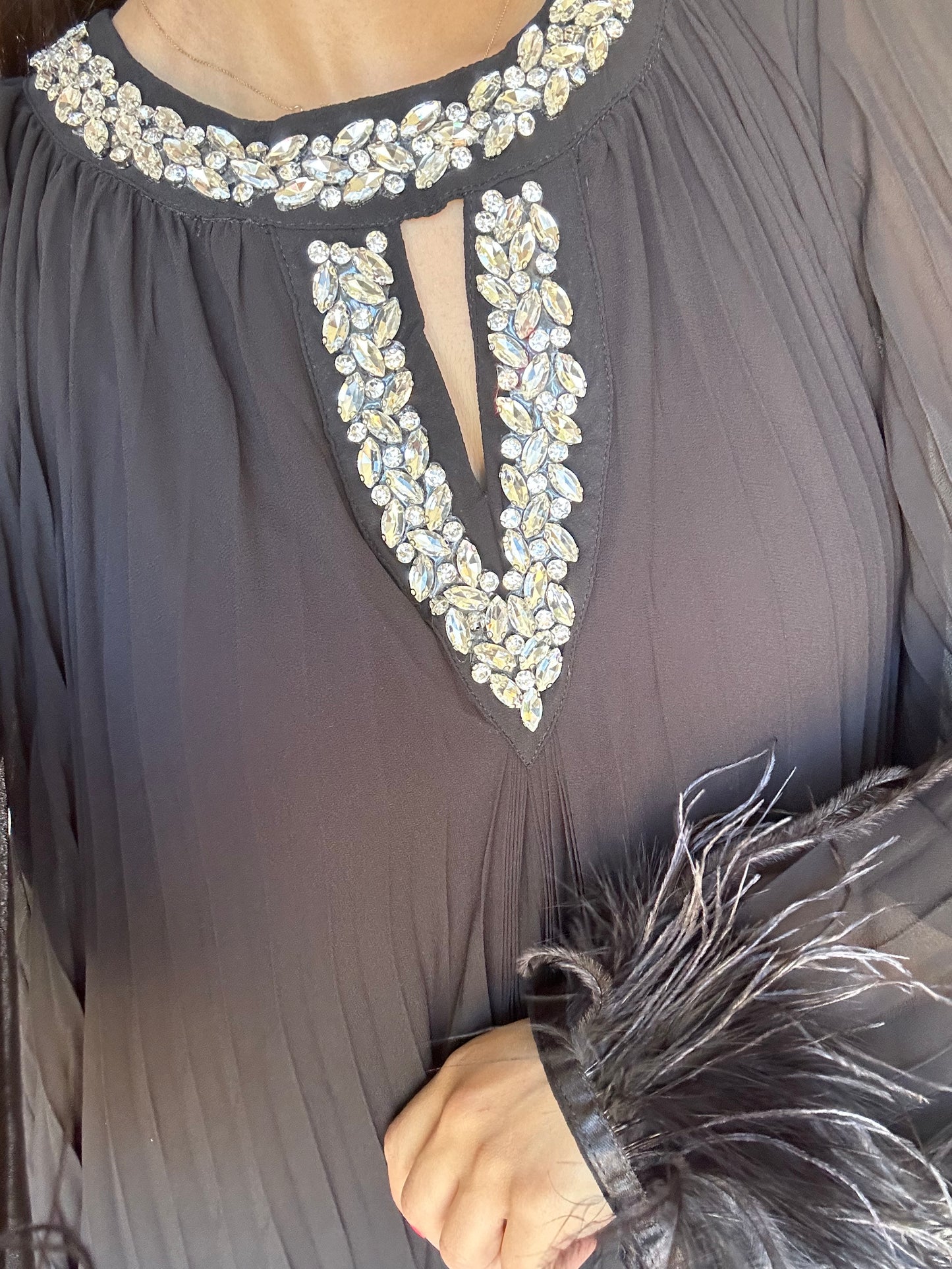 Black Fur Premium Diamanté Pleated Chiffon Dress