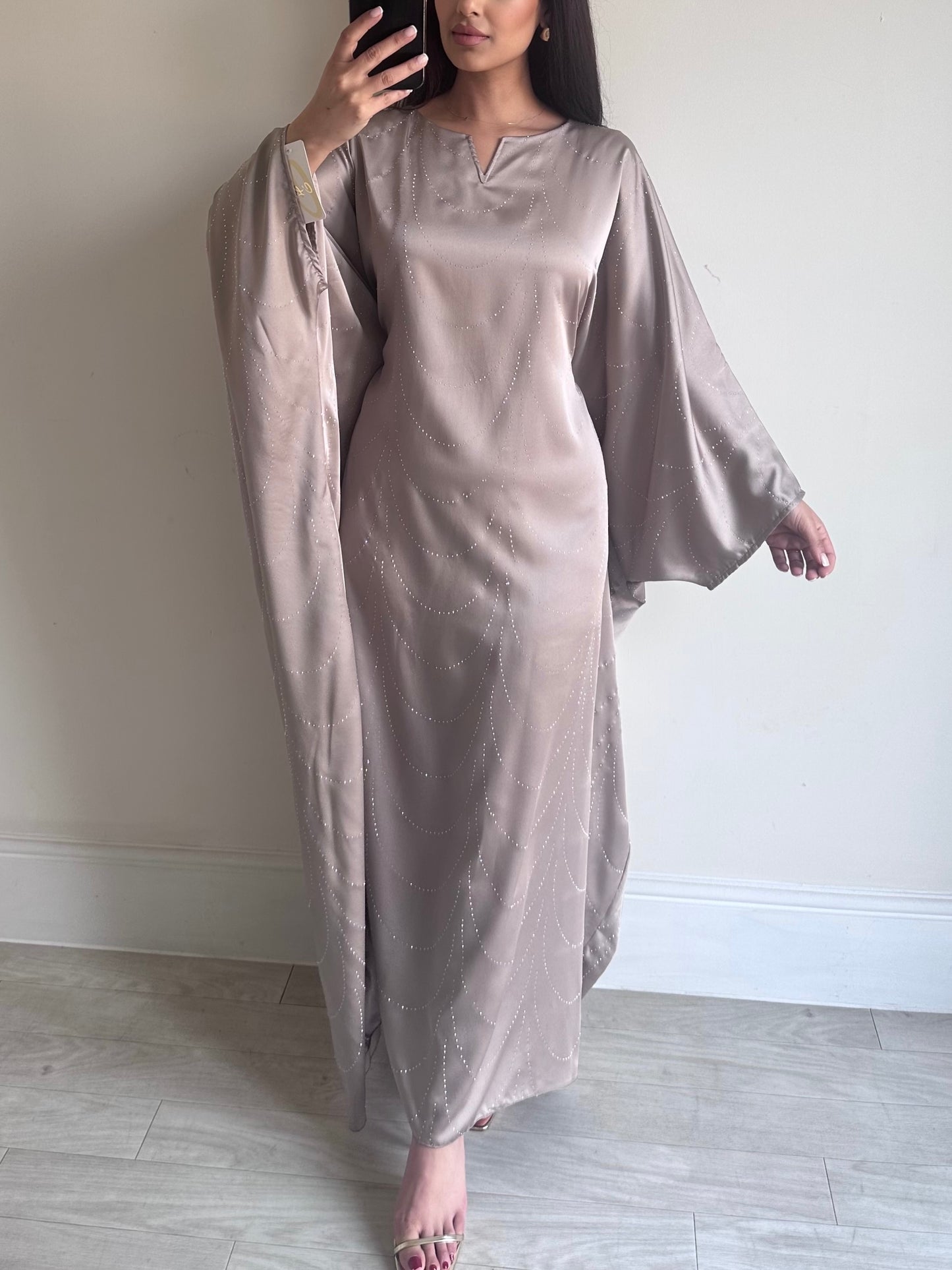 Taupe Rhinestone Butterfly Abaya Kaftan