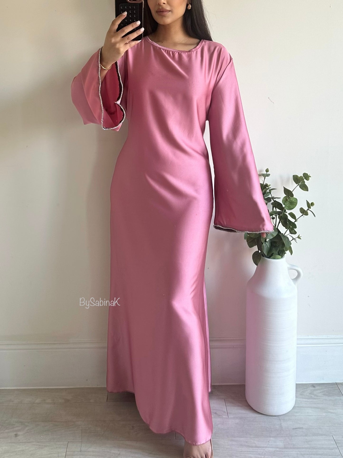 Pink Satin Flared Rhinestone Sleeve Dress