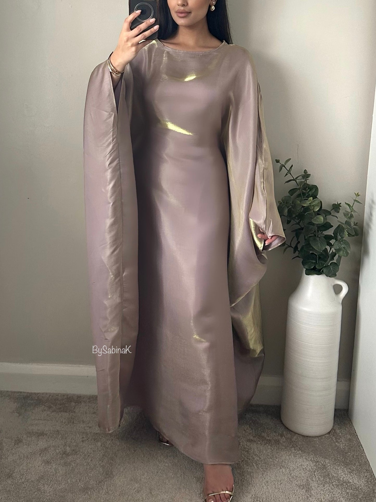 Mauve Gold Shimmer Organza Butterfly Kaftan