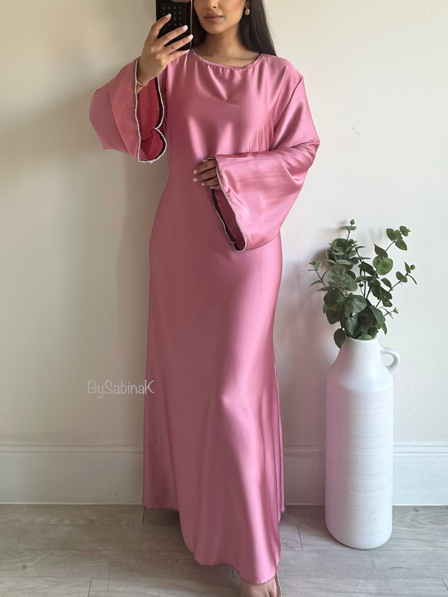 Pink Satin Flared Rhinestone Sleeve Dress