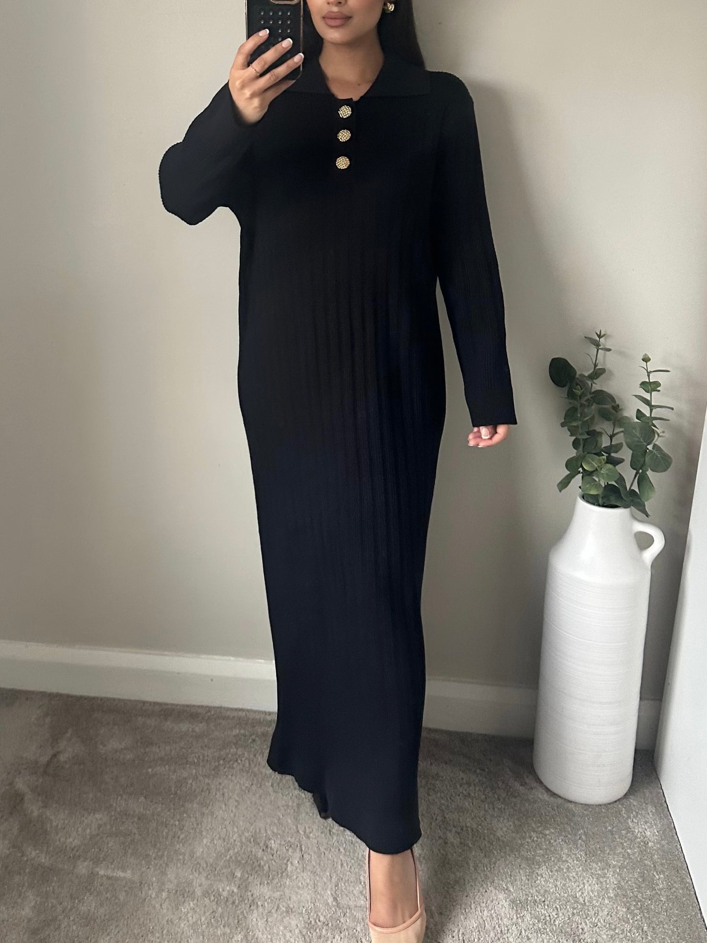 Black Gold Button Maxi Jumper Knit Dress