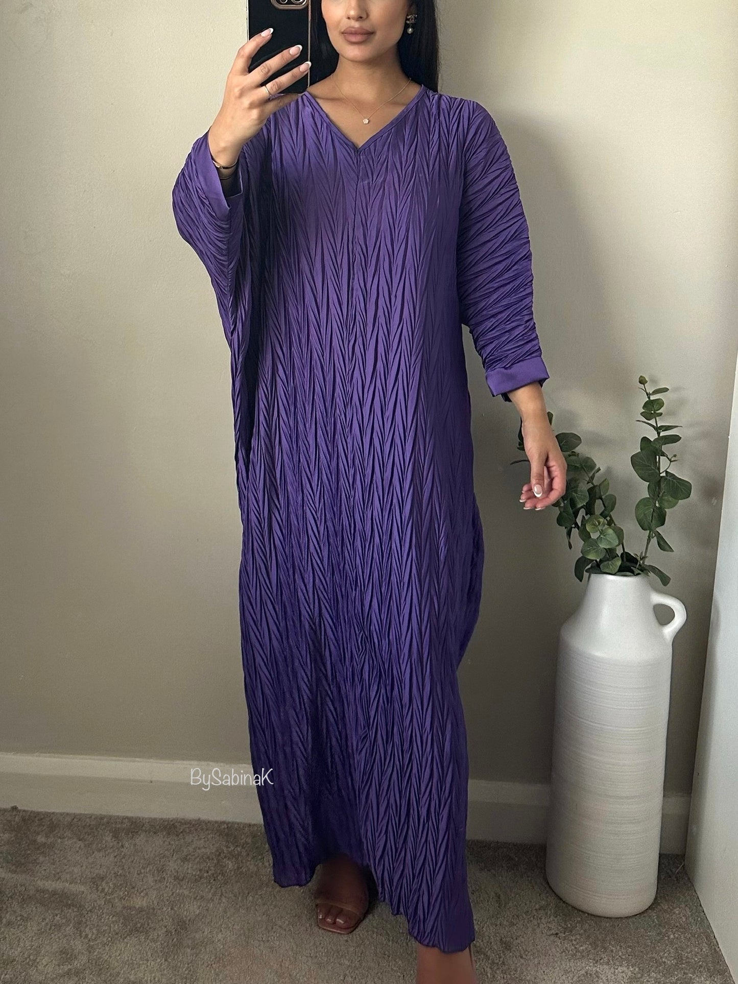 Purple Satin Pleated Batwing Dress 015