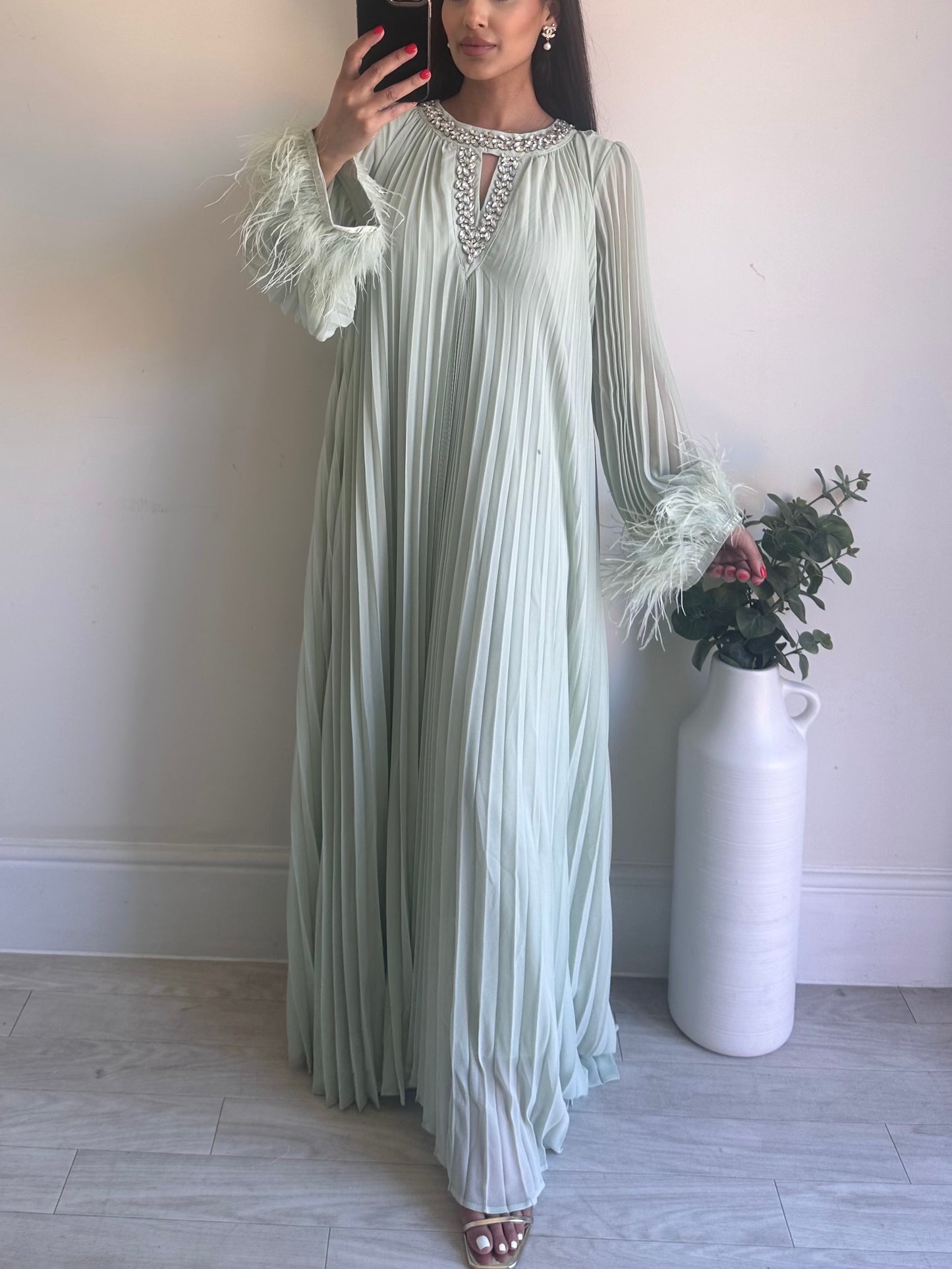 Mint Green Fur Premium Diamanté Pleated Chiffon Dress