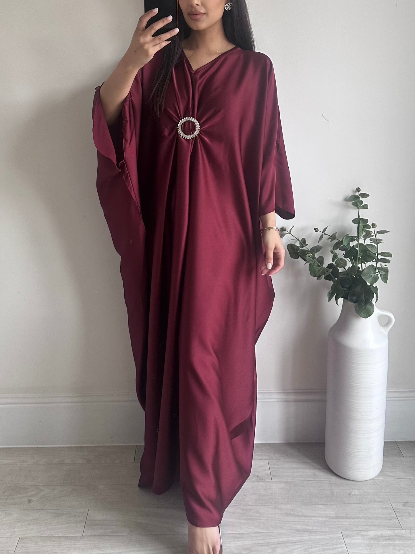 Burgundy Satin Drape Brooch Kaftan