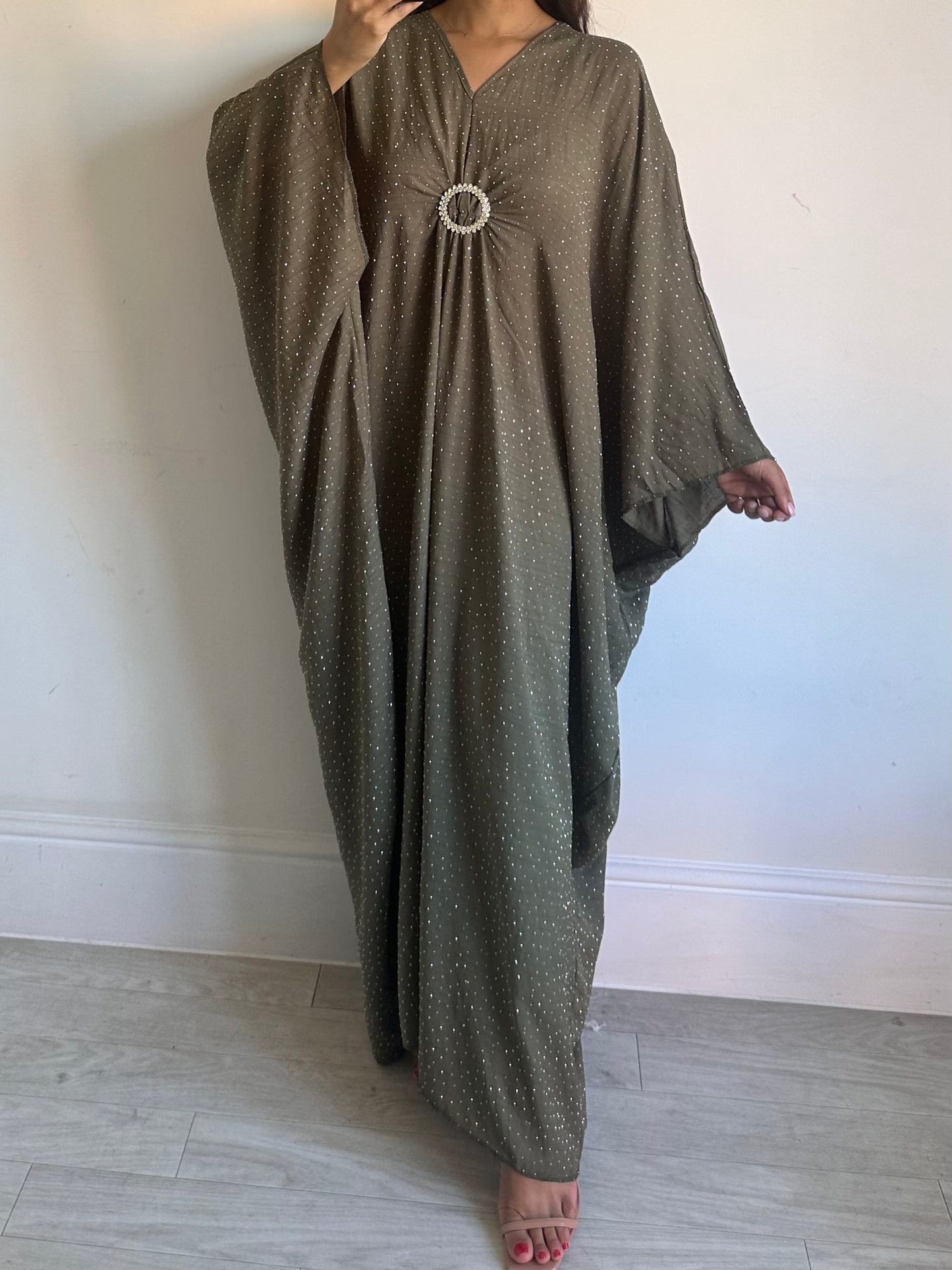 Khaki Green Cotton Rhinestone Drape Brooch Kaftan