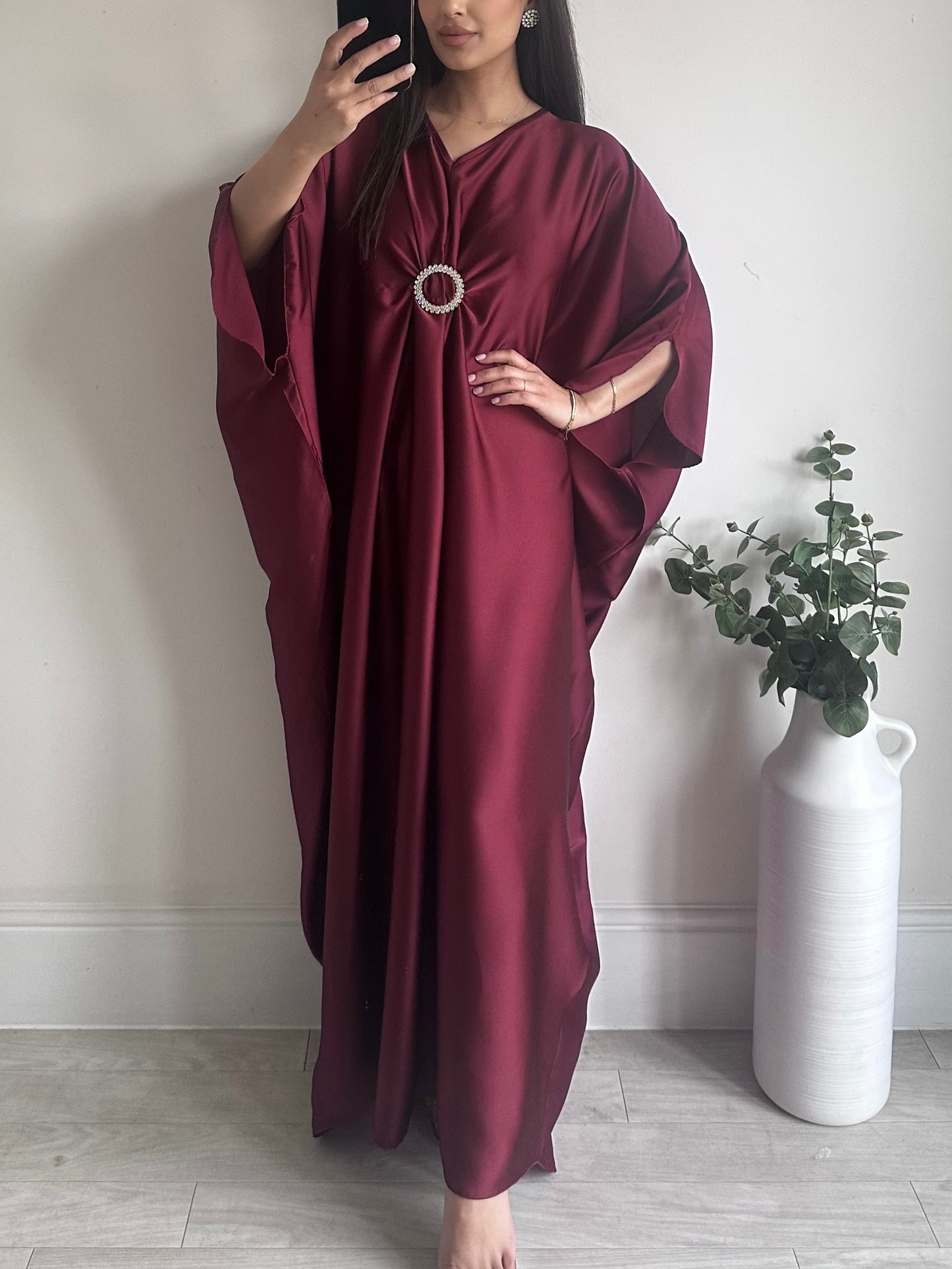 Burgundy Satin Drape Brooch Kaftan
