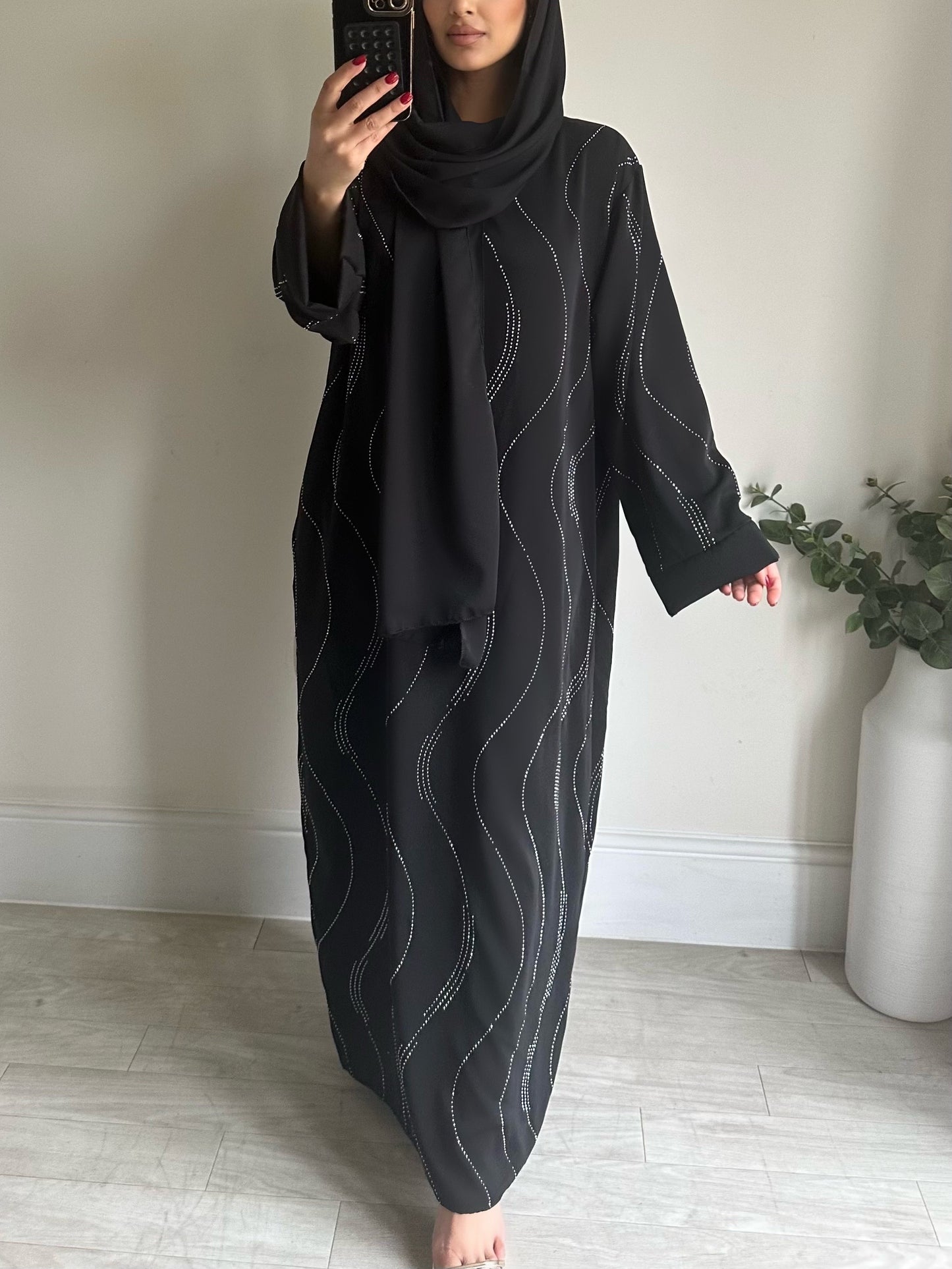 Black Rhinestone Abaya With Attached Scarf Hijab