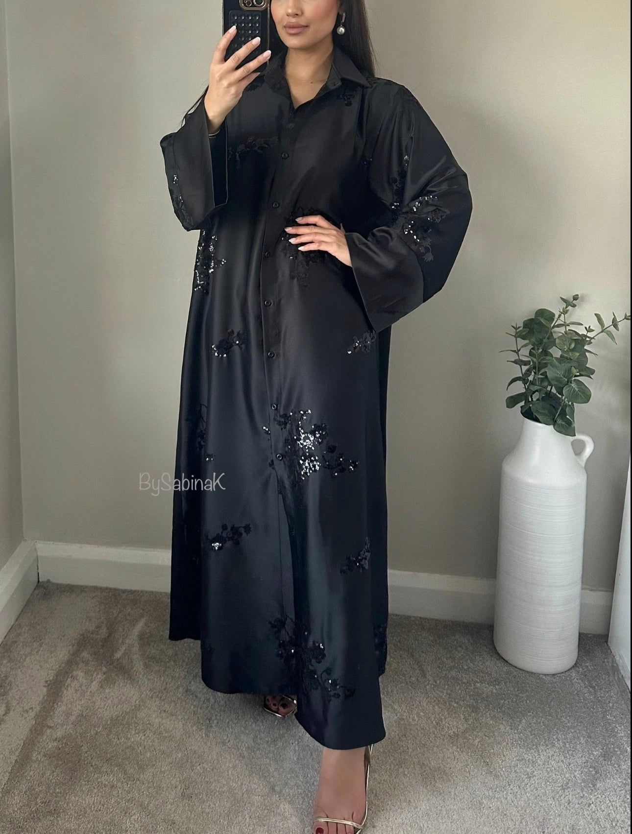 Black Buttoned Satin Floral Sequin Kaftan Abaya