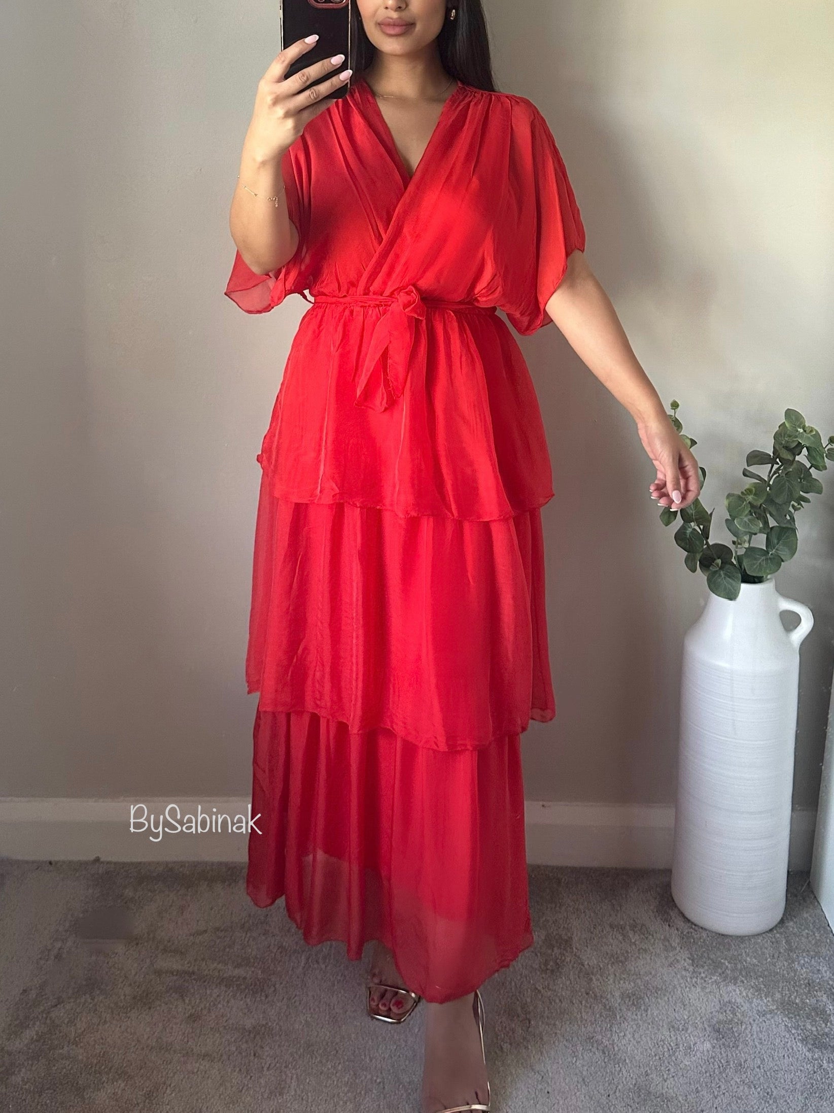 Red Chiffon Silk Layered Dress