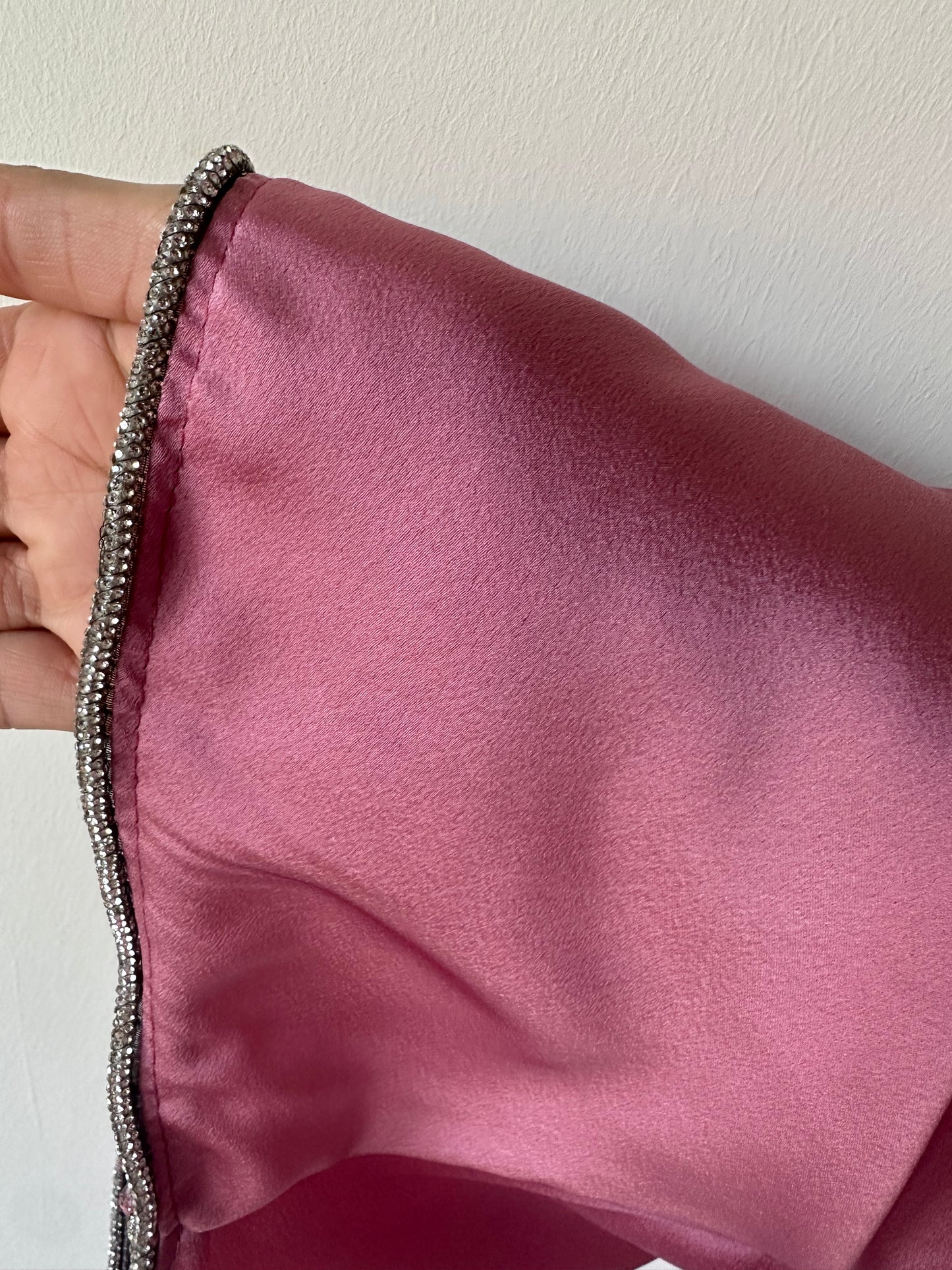 Pink Satin Flared Rhinestone Sleeve Dress