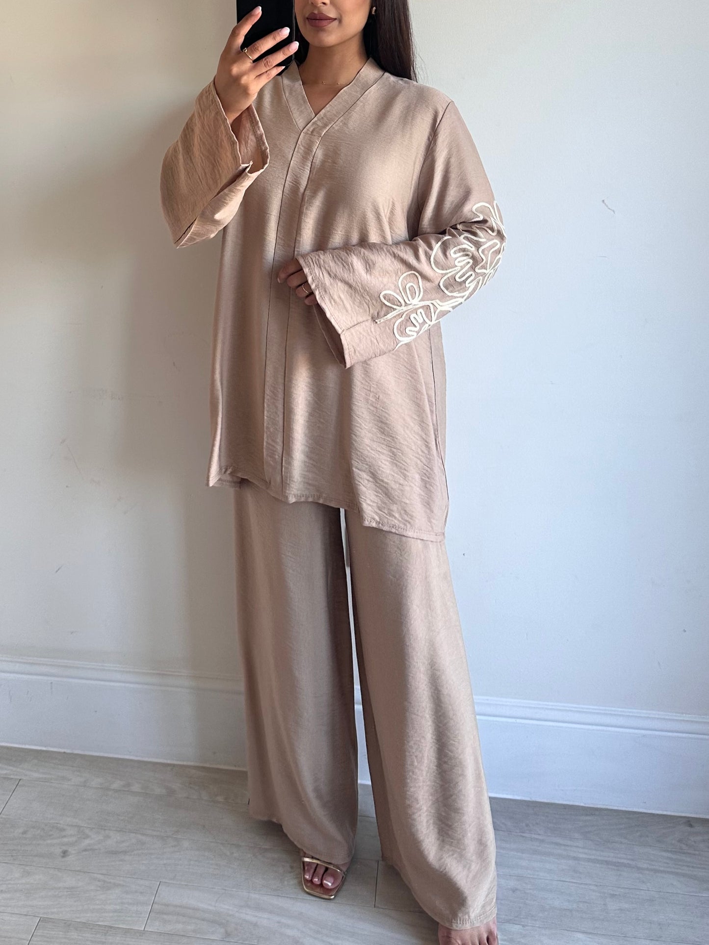Beige Linen Patterned Co-ord Set