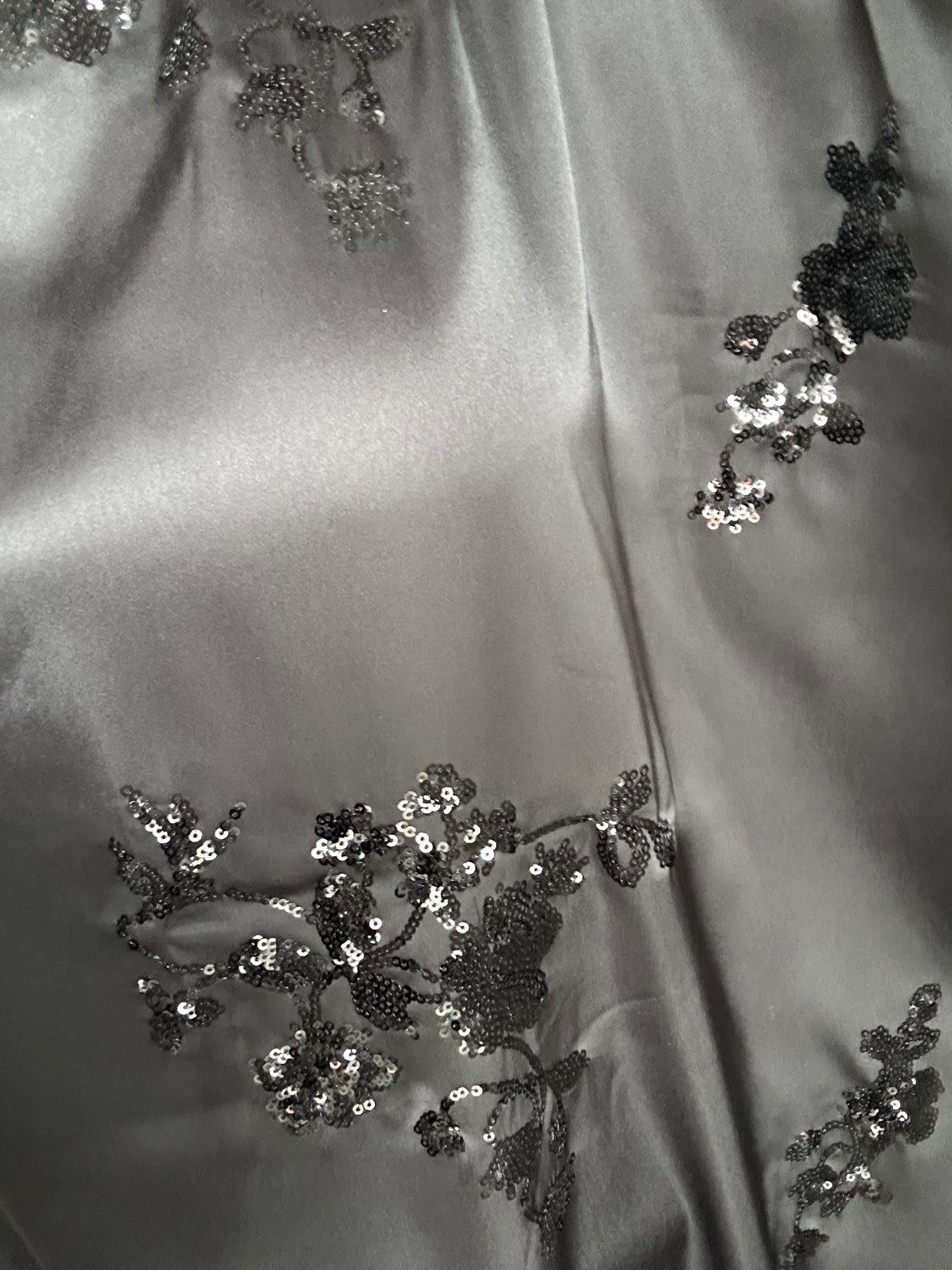 Black Satin Floral Sequins Details Kaftan Abaya