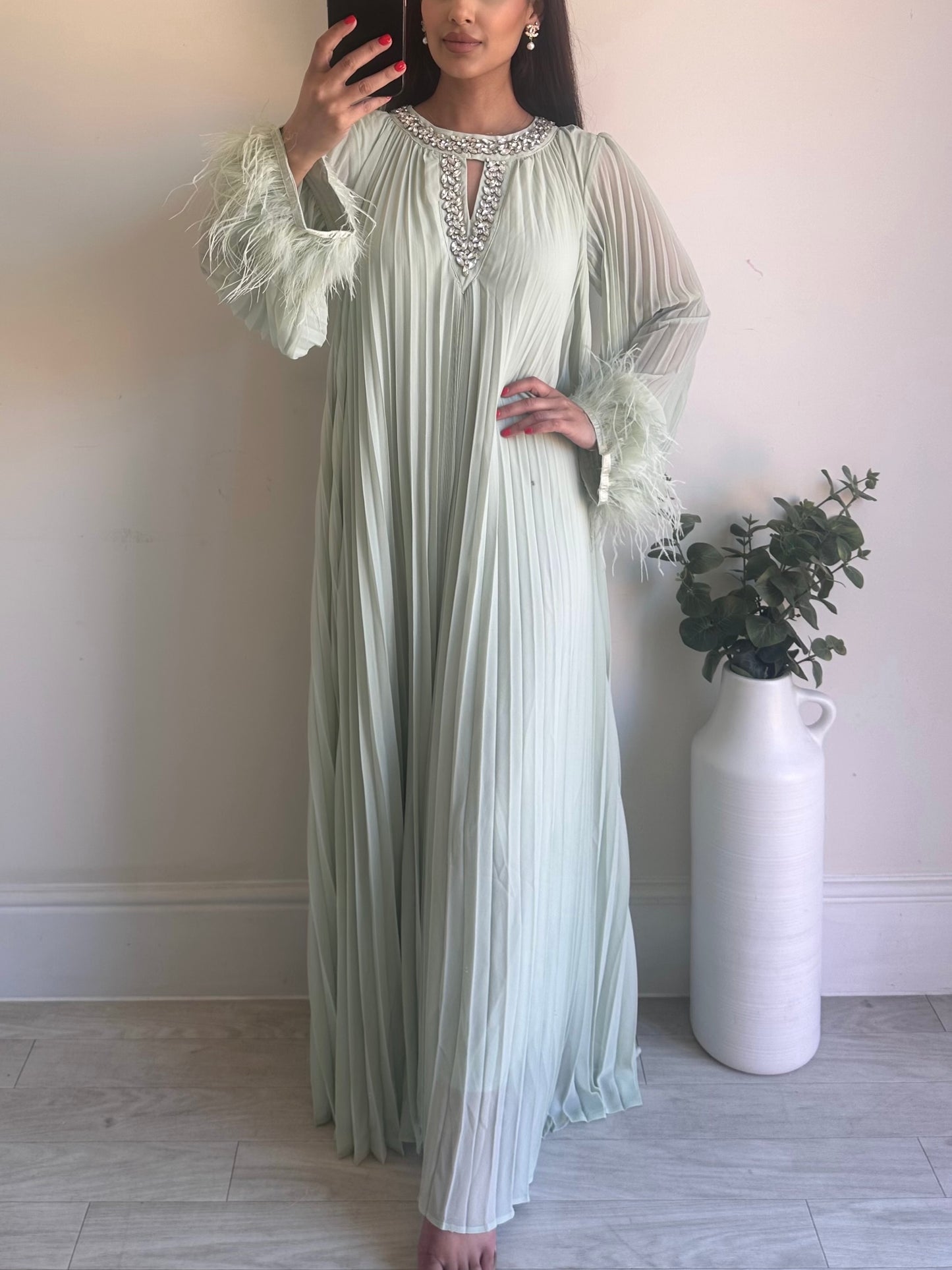Mint Green Fur Premium Diamanté Pleated Chiffon Dress
