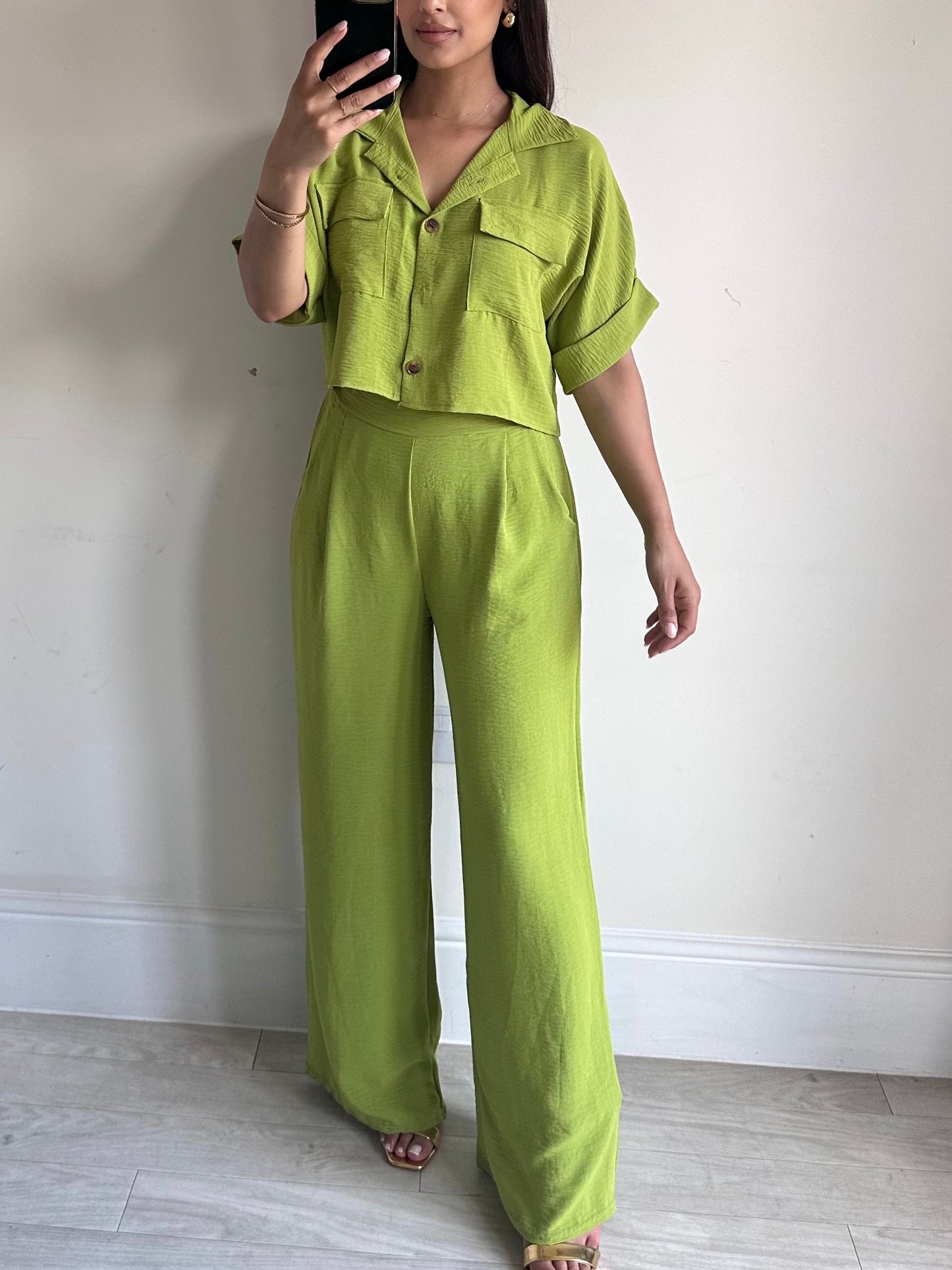 Lime Green Cropped Shirt Co-ord Sets