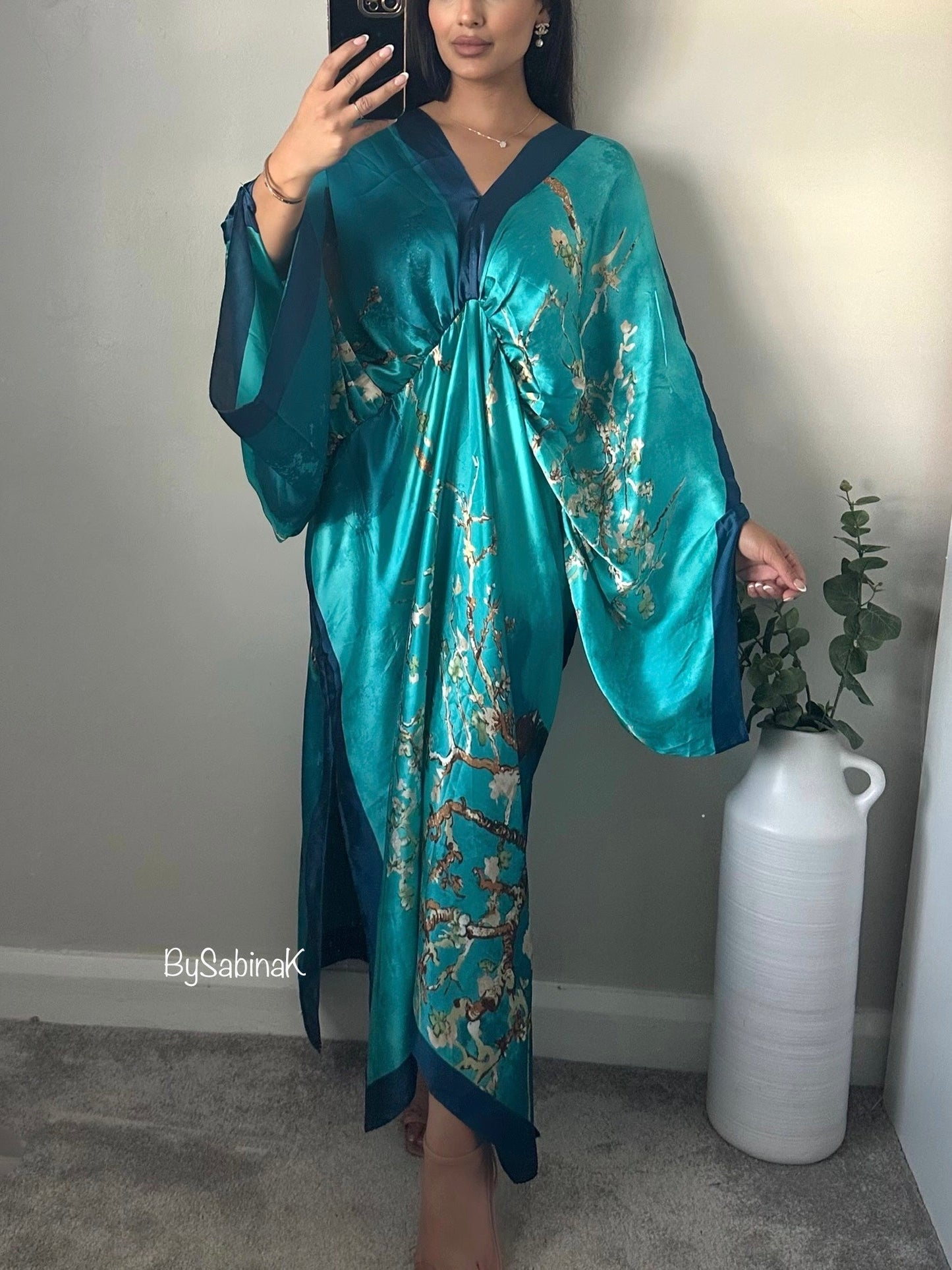 Blue Floral Print Satin Batwing Kaftan