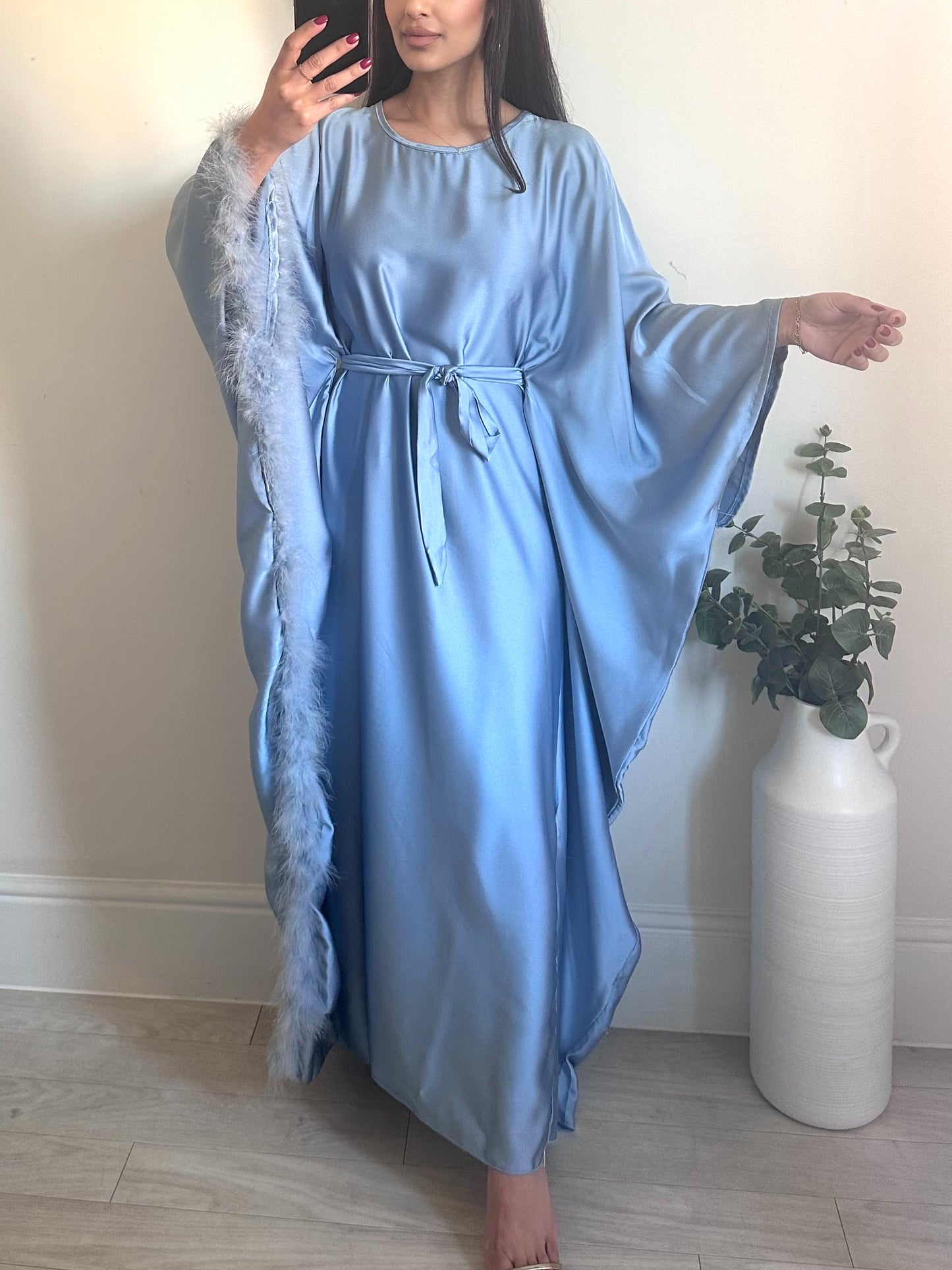 Blue Satin Fur Trimmed Tie Dress