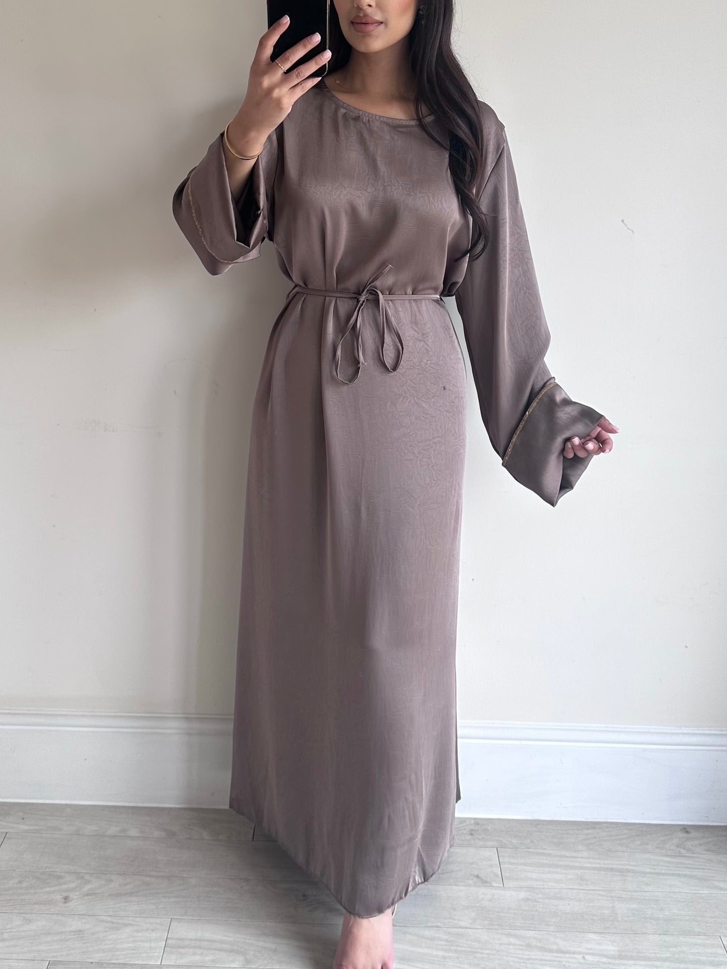 Taupe Satin Belted Dress