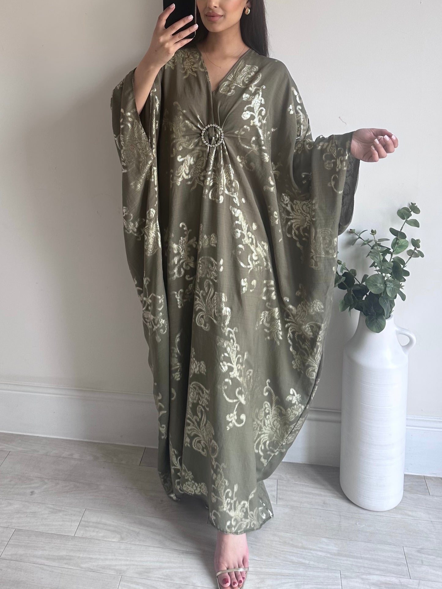 Khaki Green Gold Floral Brooch Kaftan