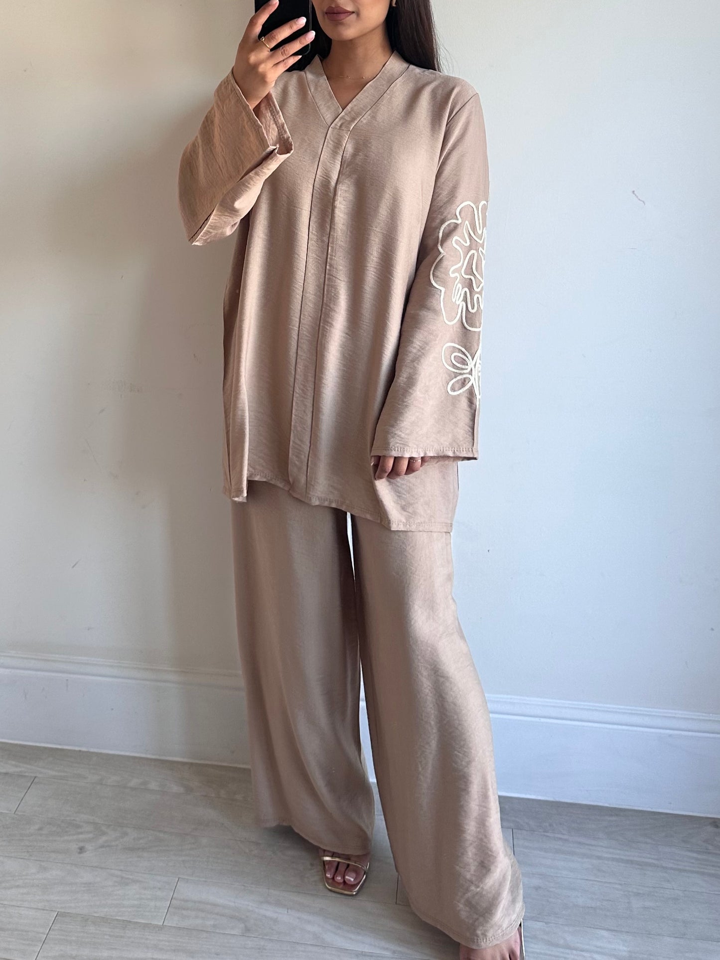 Beige Linen Patterned Co-ord Set
