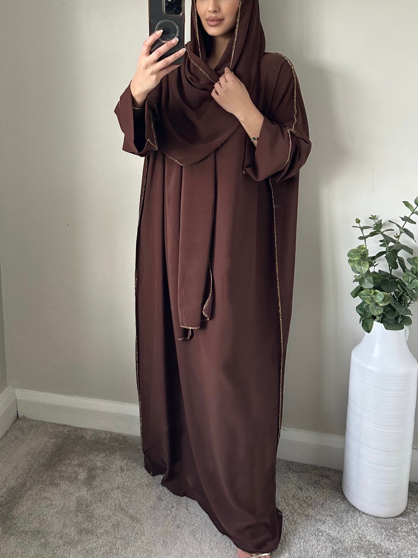 Brown Gold Abaya With Attached Scarf Hijab