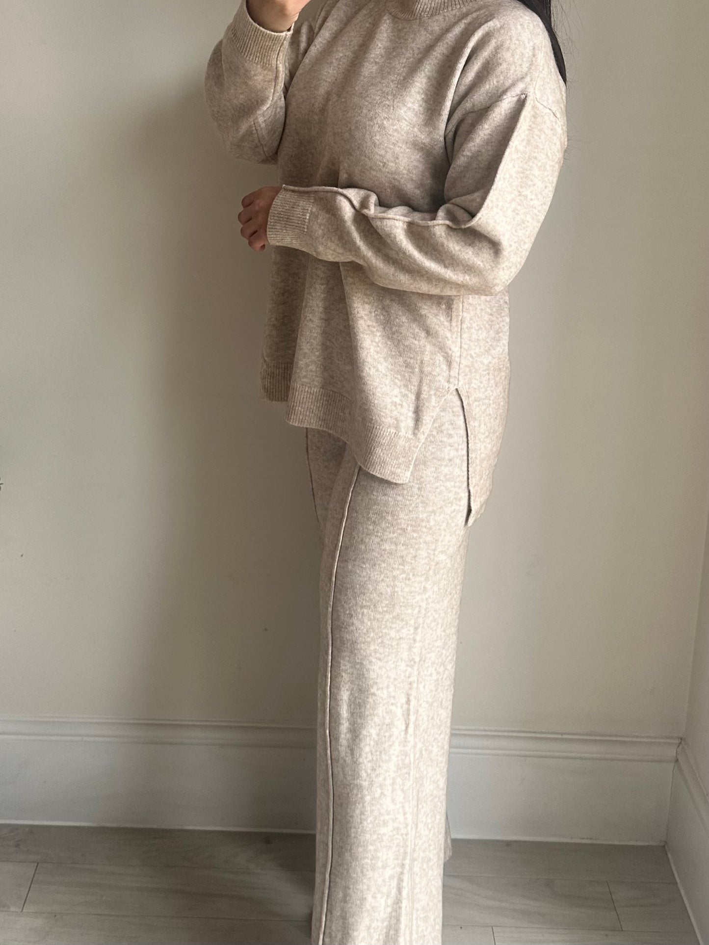 Beige Round Neck Knit Co-ord