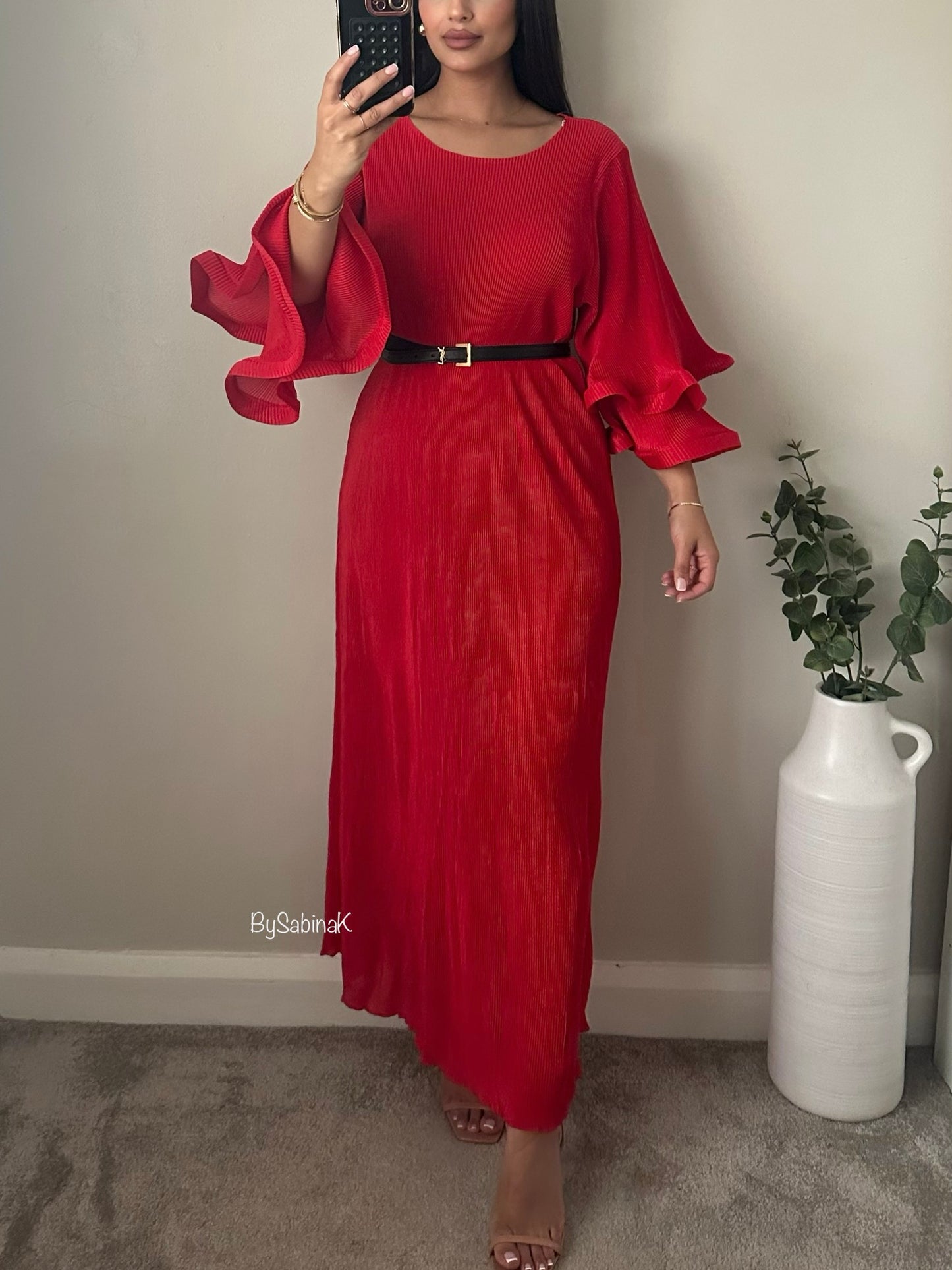 Red Ruffle Sleeve Pleated Dress