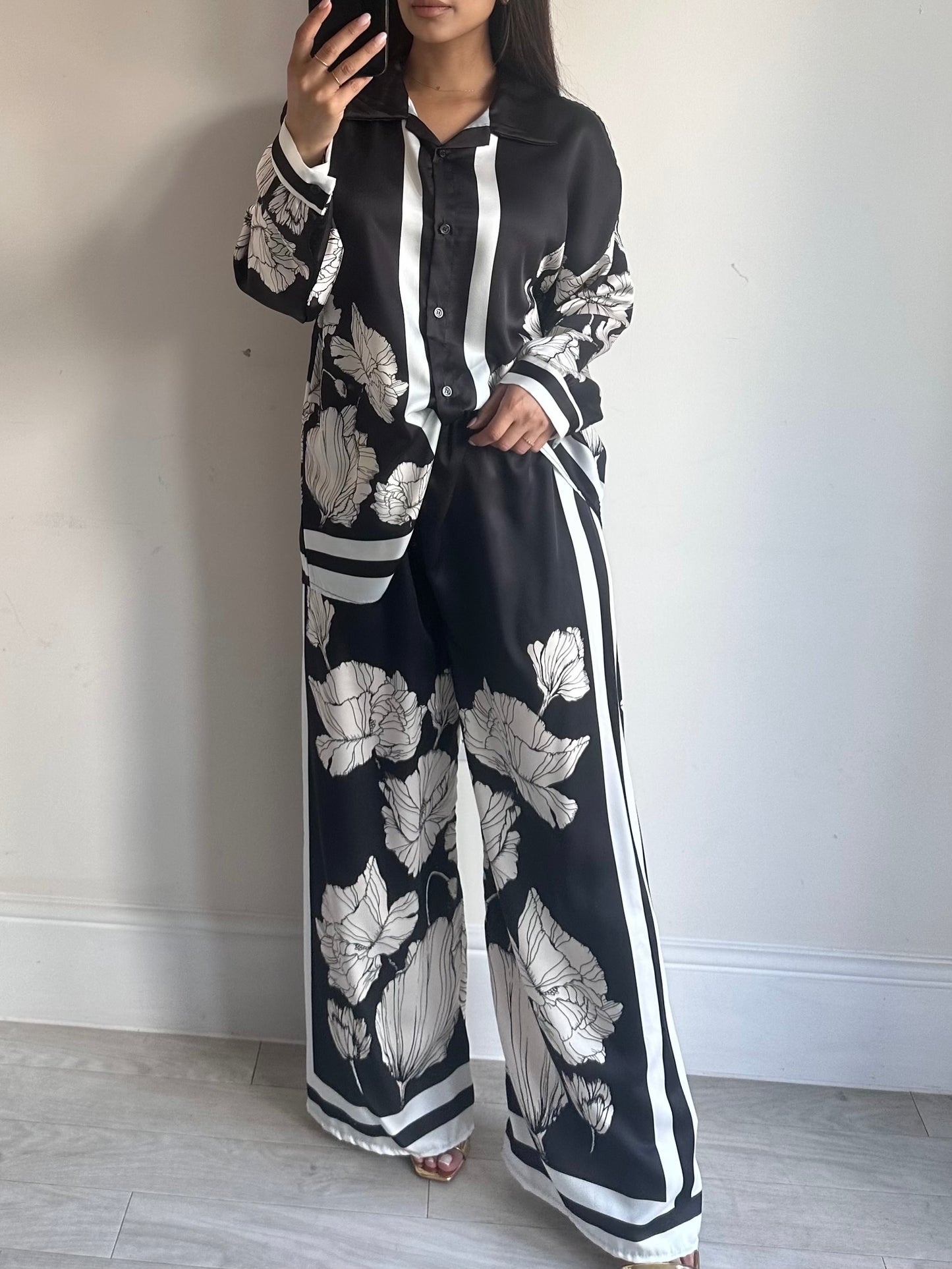 Black White Floral Satin Co-ord Set