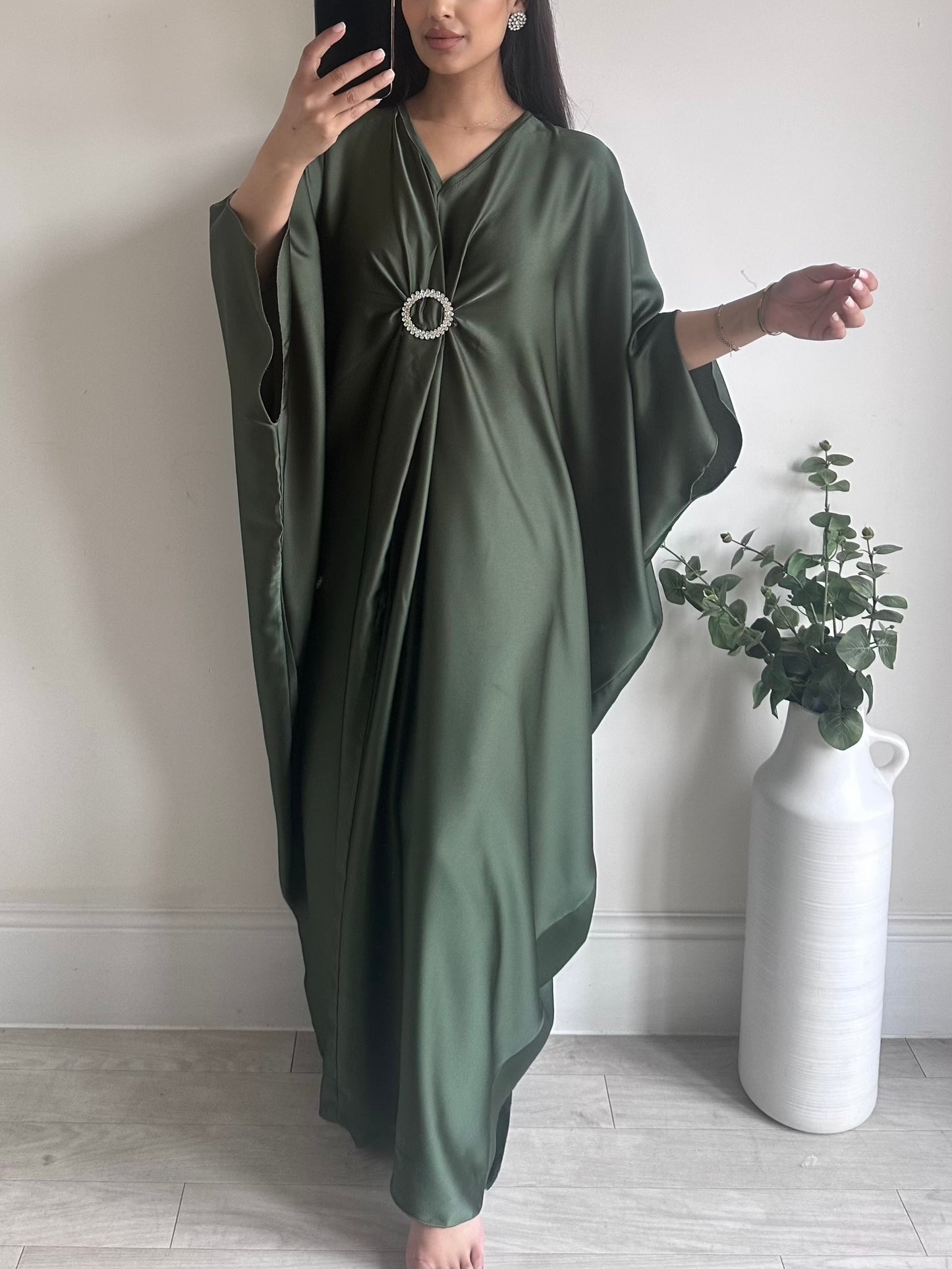 Khaki Green Satin Drape Brooch Kaftan