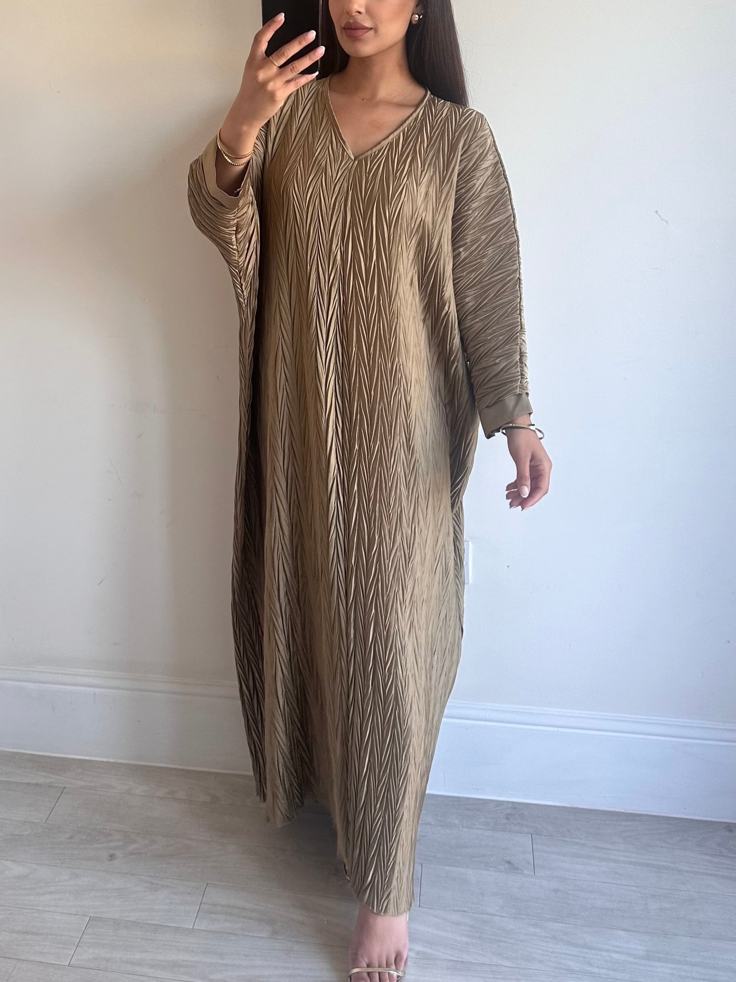 Gold Satin Pleated Batwing Dress