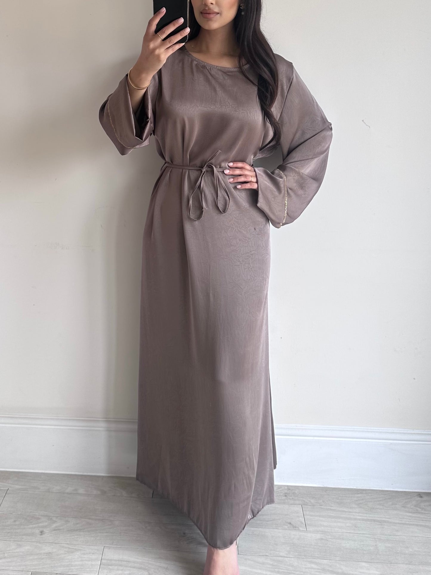 Taupe Satin Belted Dress
