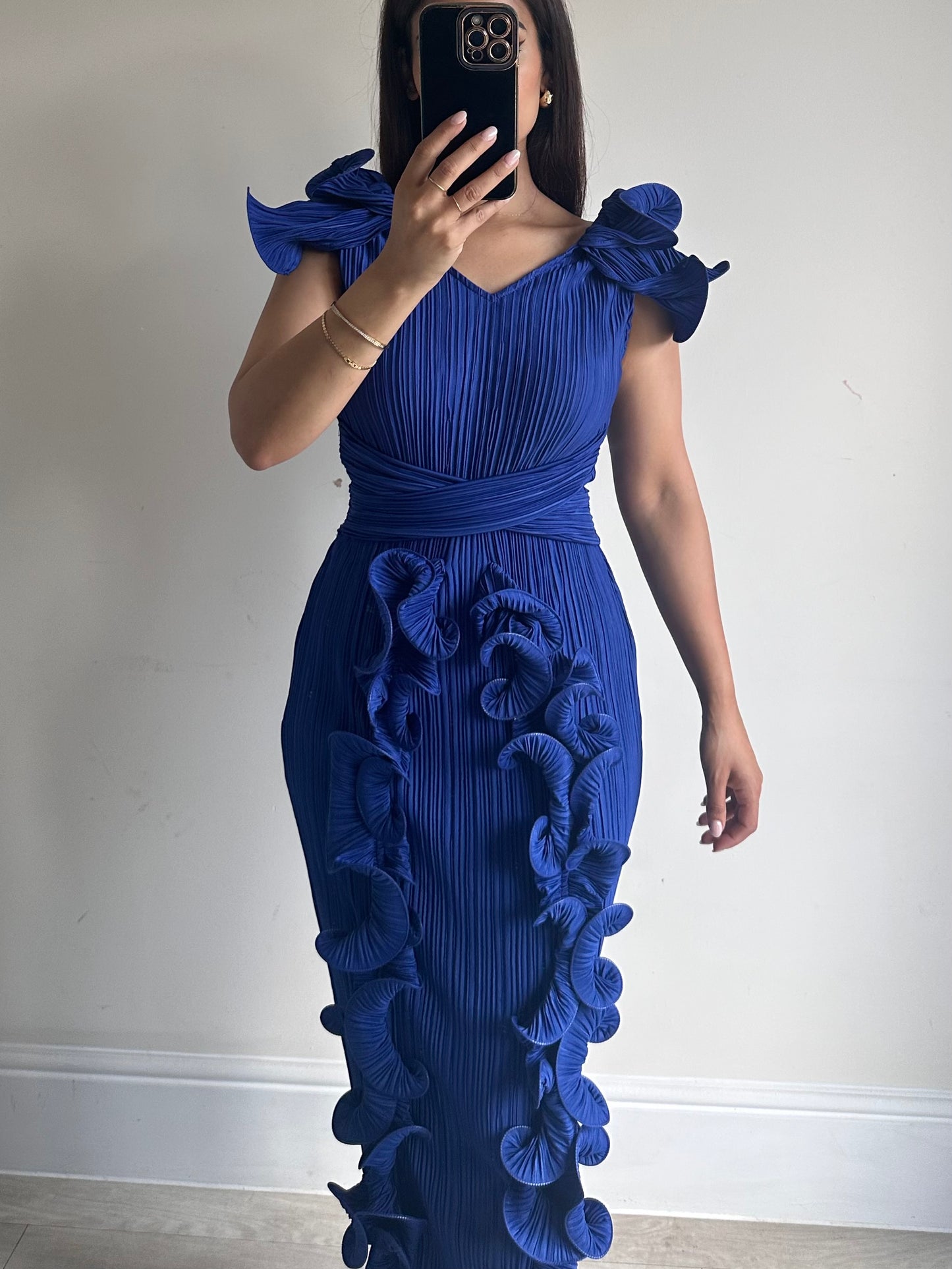 Blue Ruffle Pleated Sleeveless Dress
