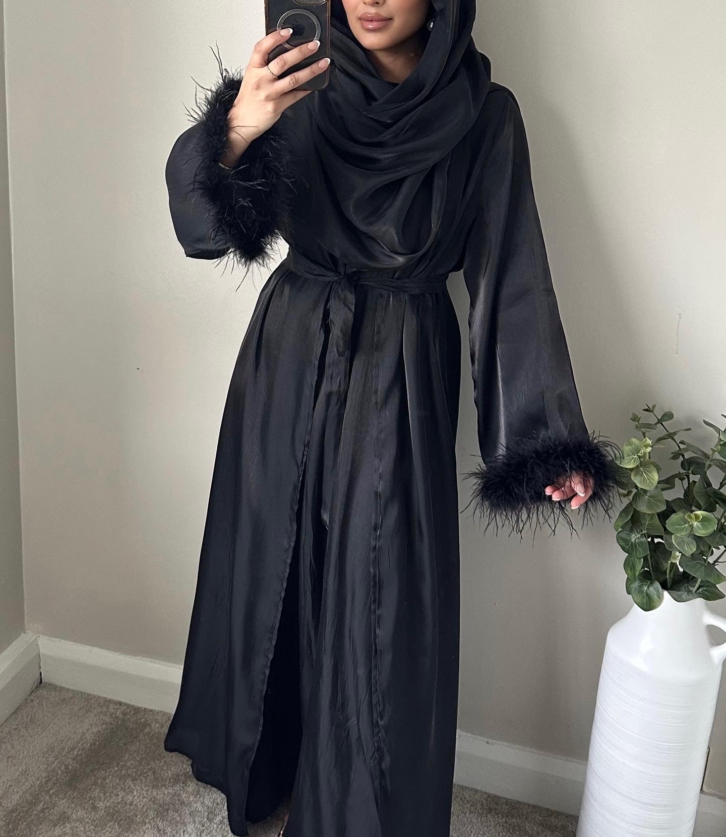 Black Shimmer Feather Abaya Set 198