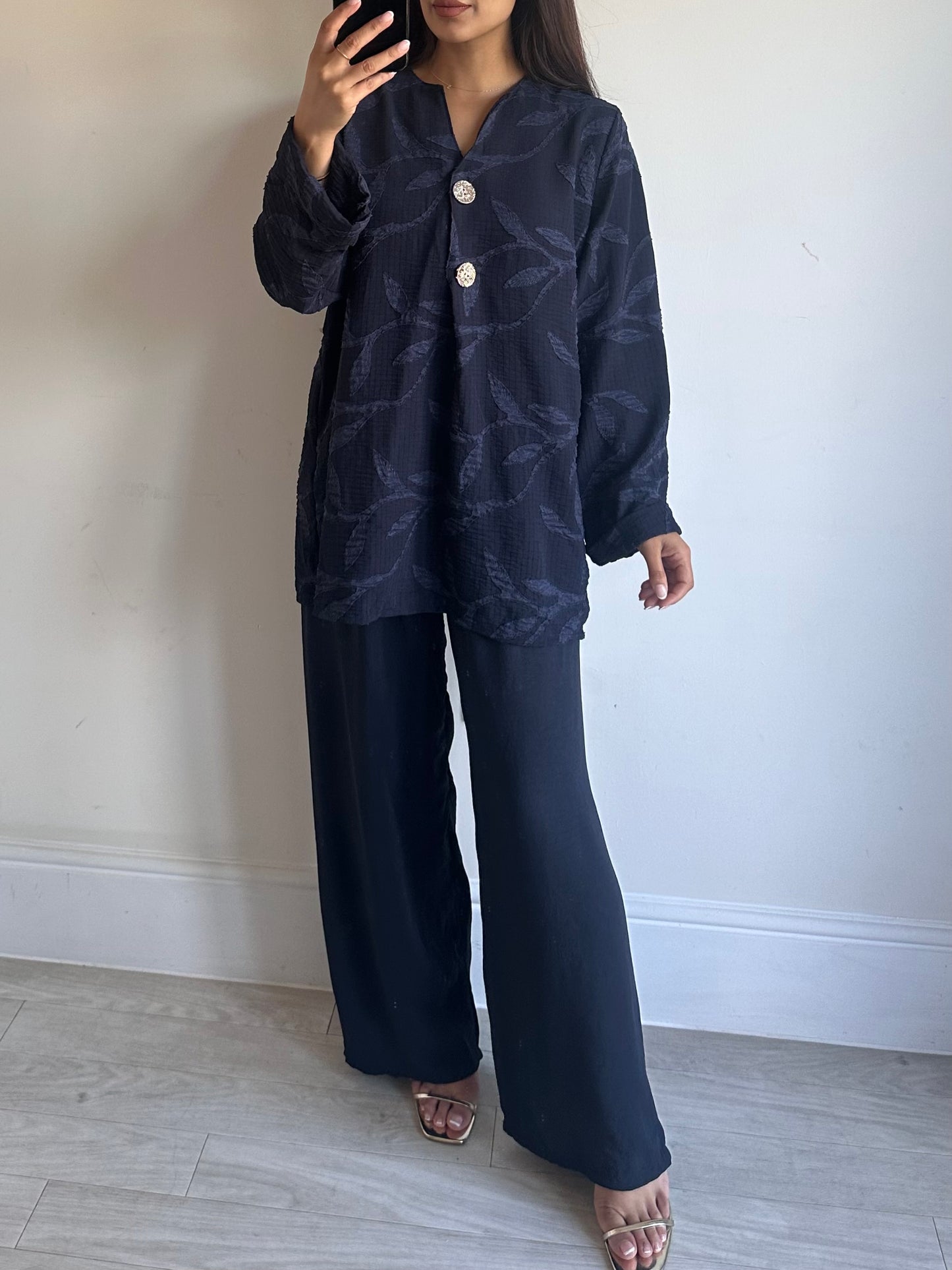 Navy Floral Linen Gold Button Co-ord Set