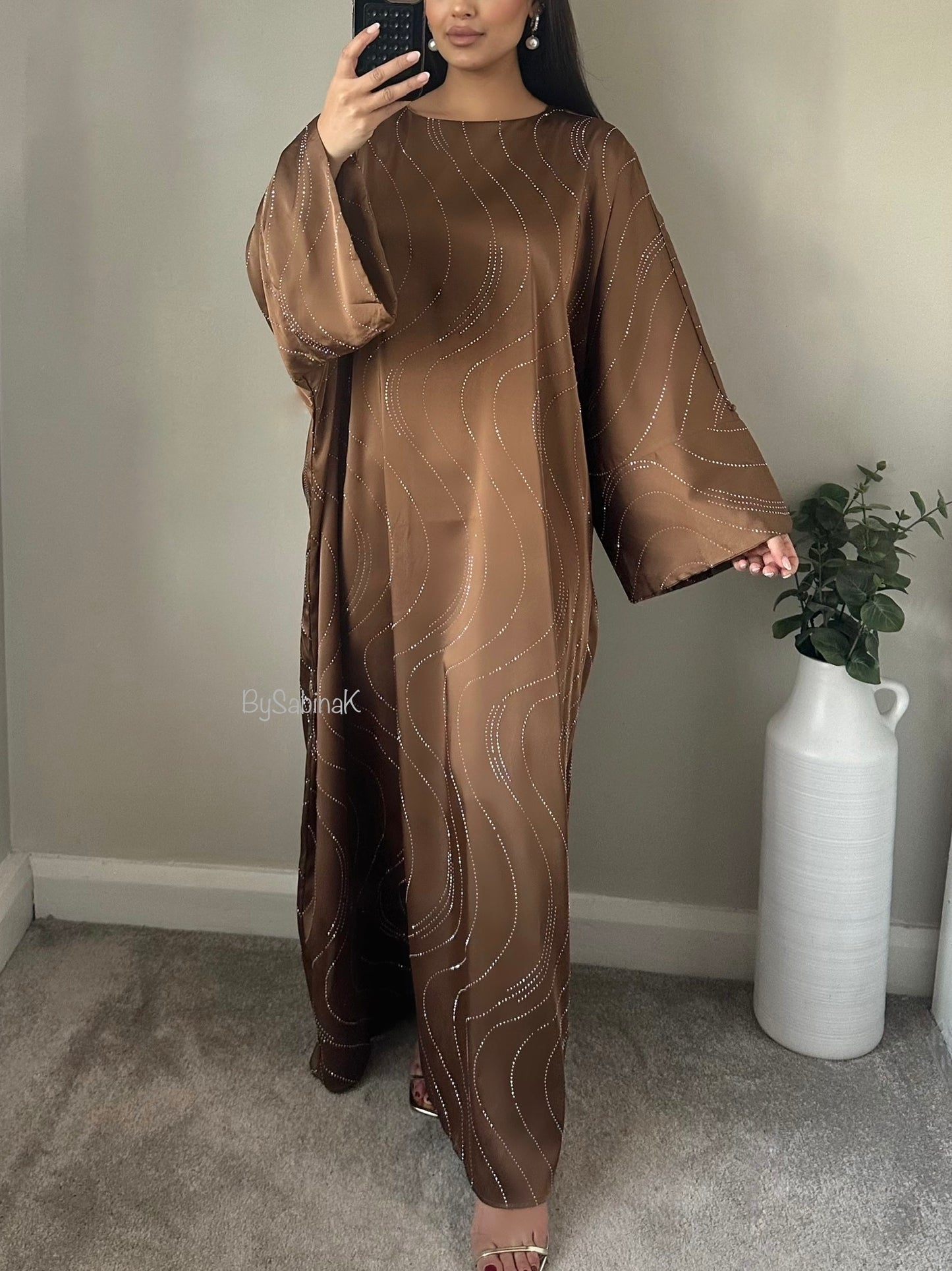 Brown Swirl Sequin Details Kaftan Abaya