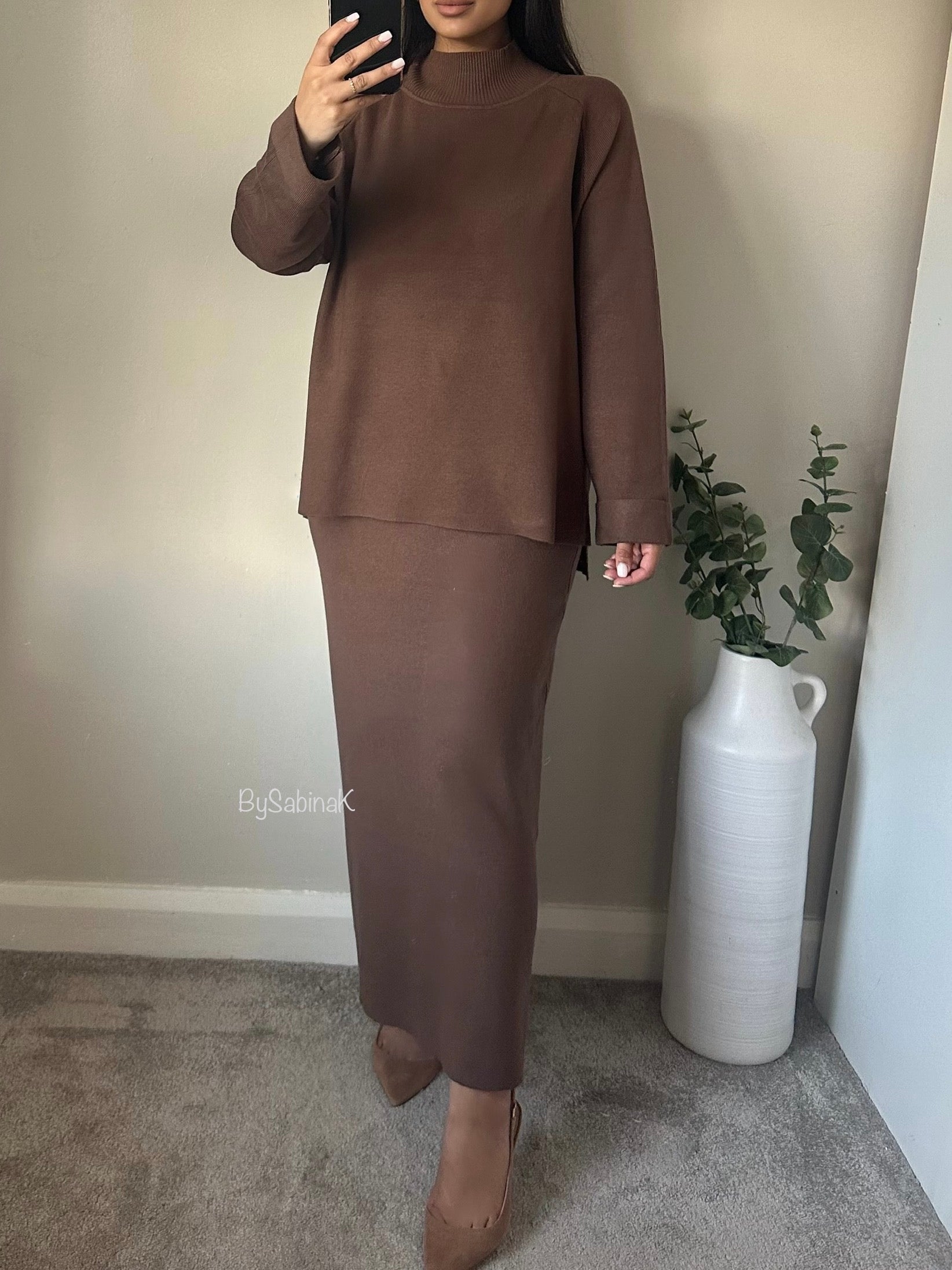 Brown Knit Cosy Skirt Jumper Set Co ord