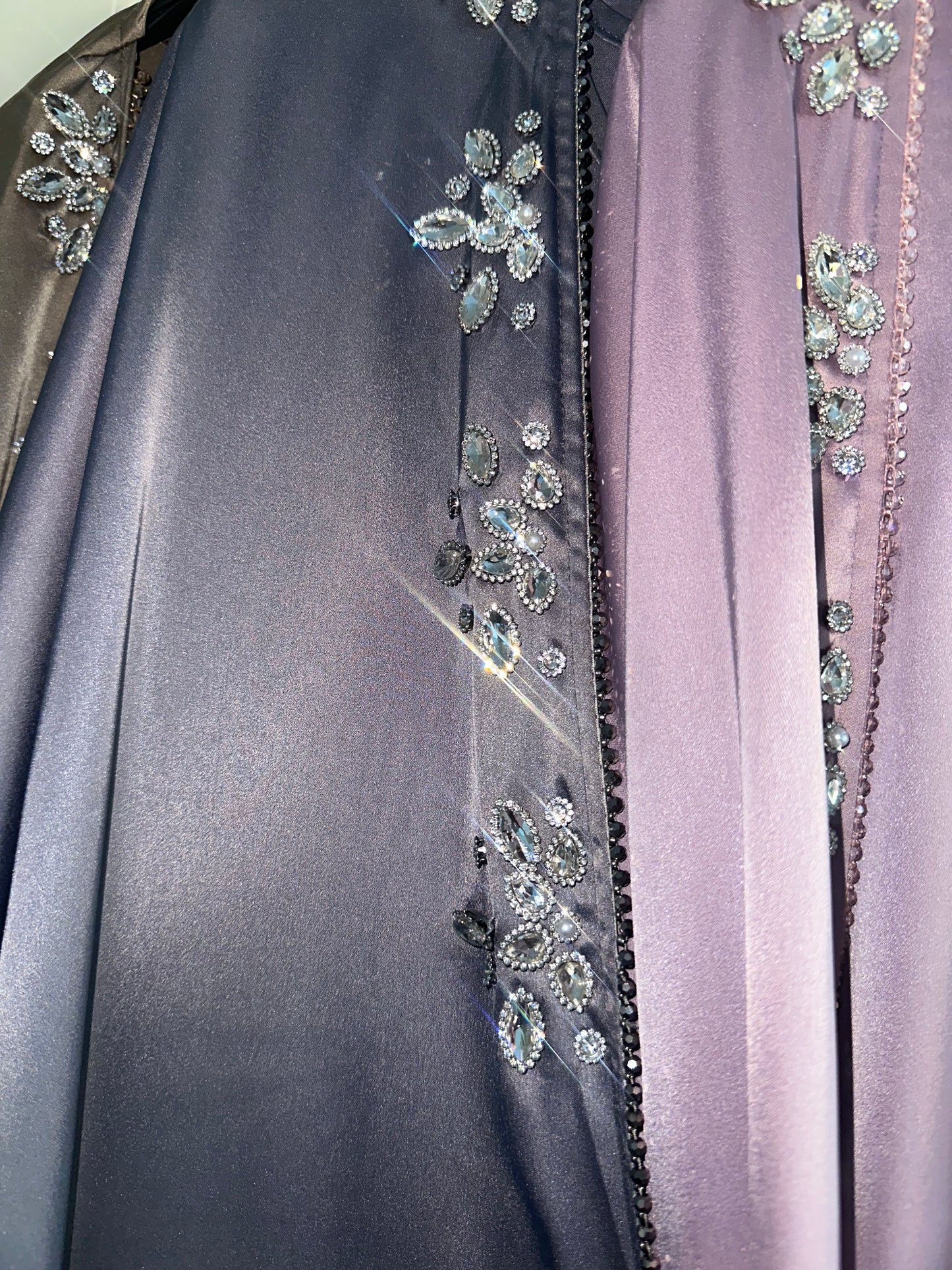 Grey Satin Rhinestone Beaded Abaya Set