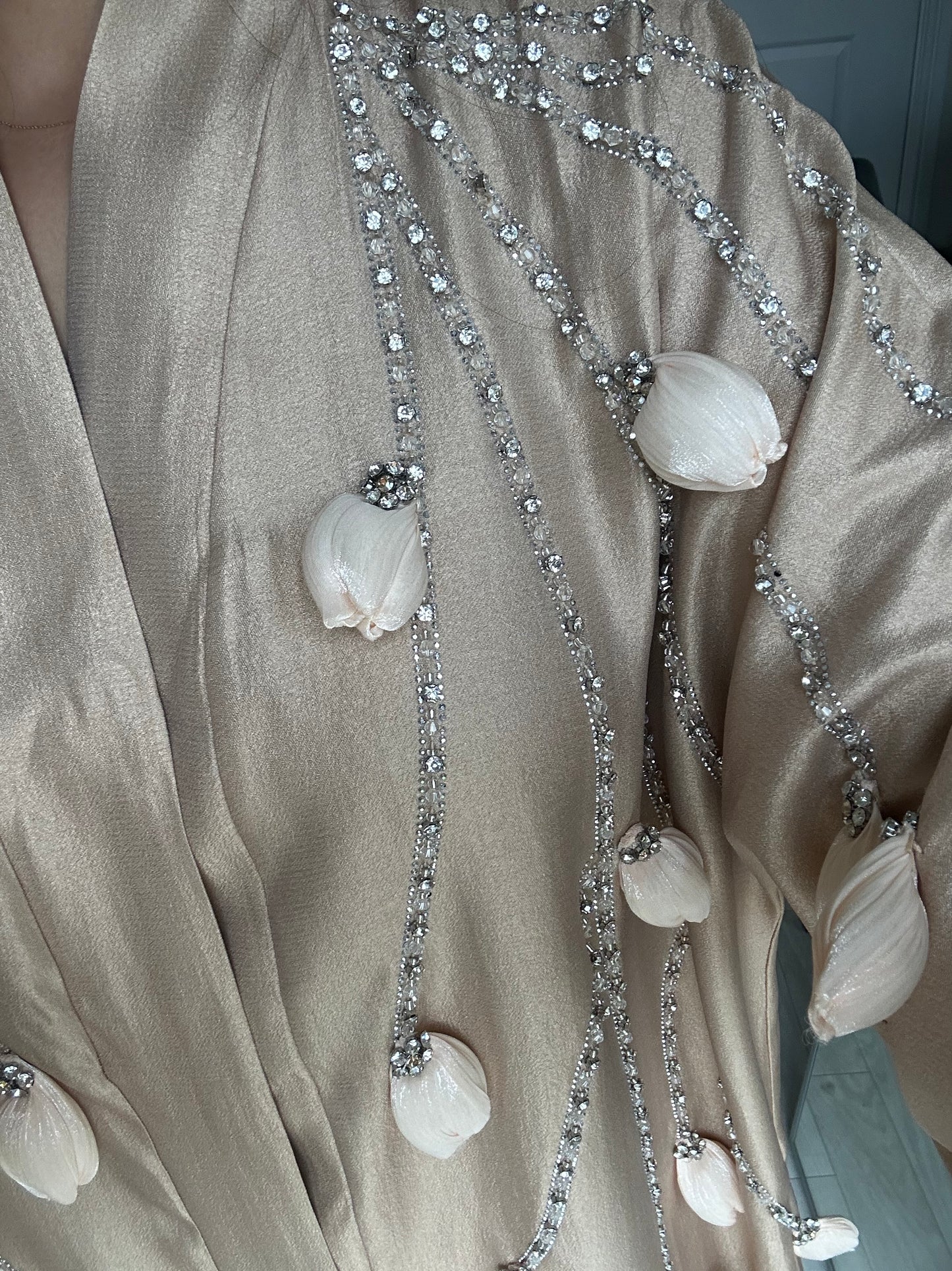 Beige Rose Drop Embellished Buttoned Abaya