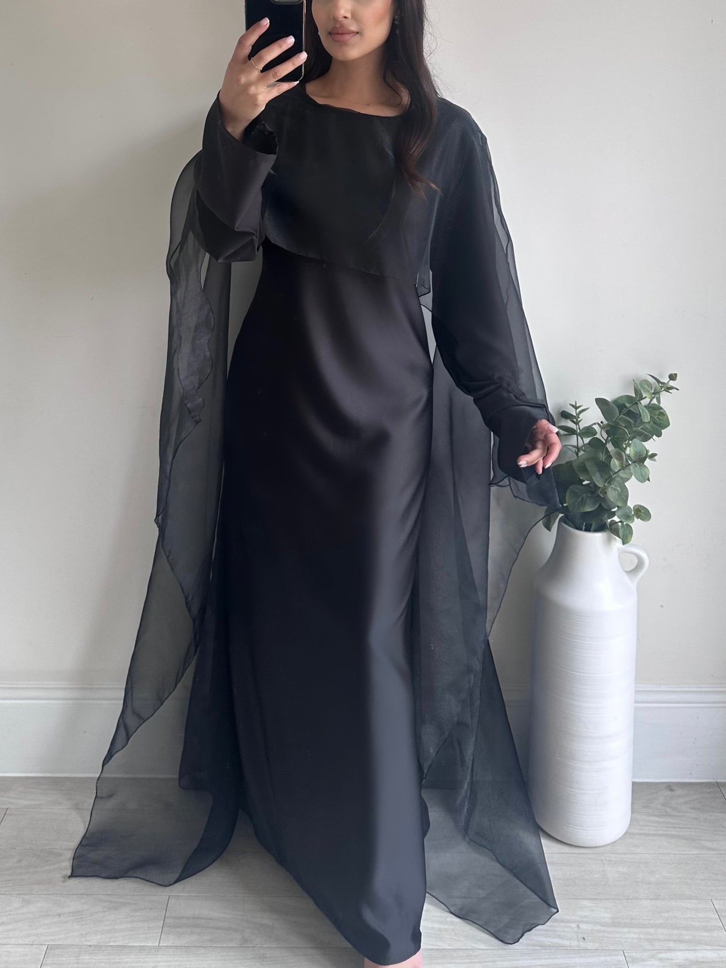 Black Organza Scarf Satin Maxi Dress