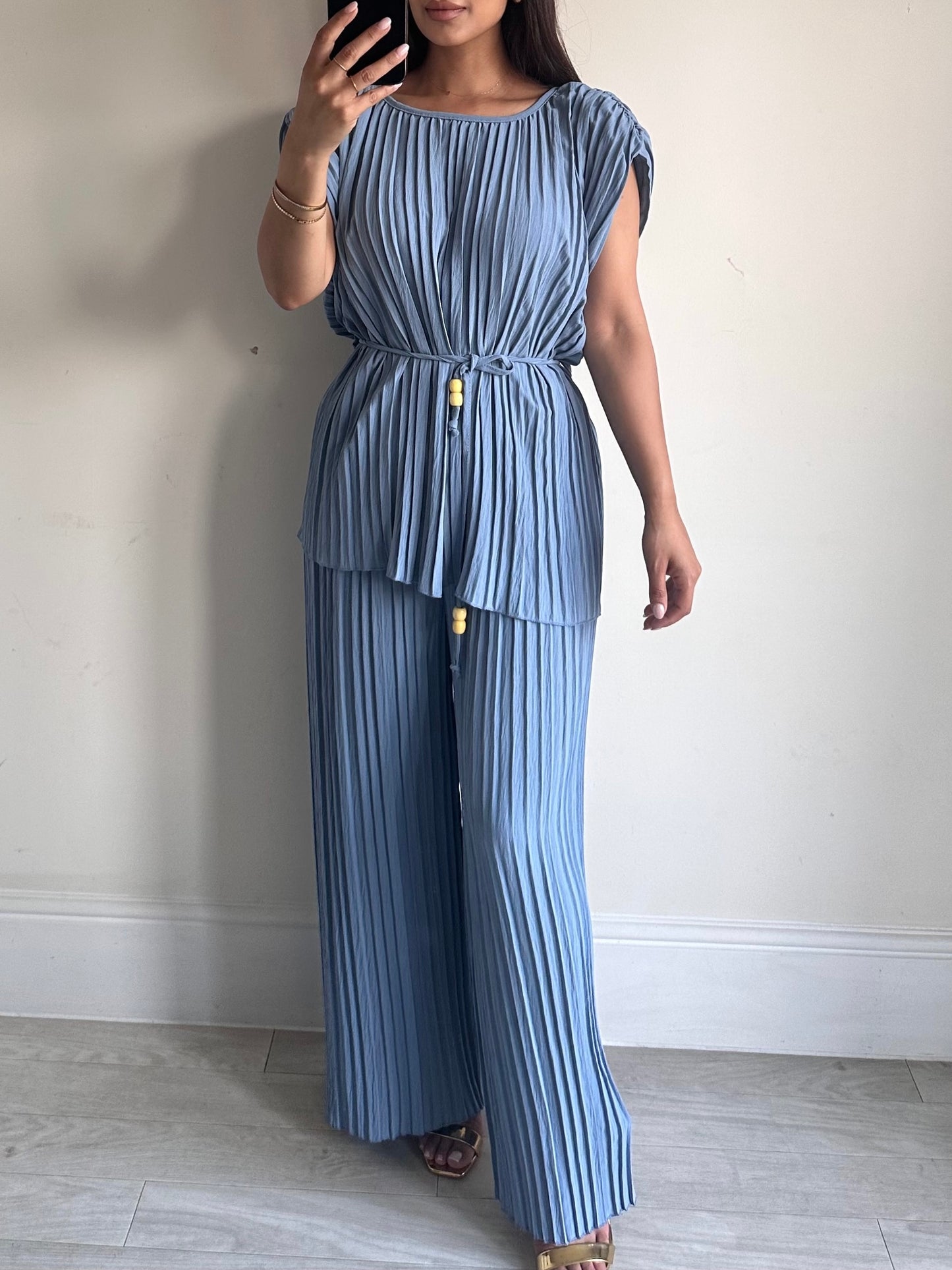 Blue Pleated Short Sleeve Set Co-ord