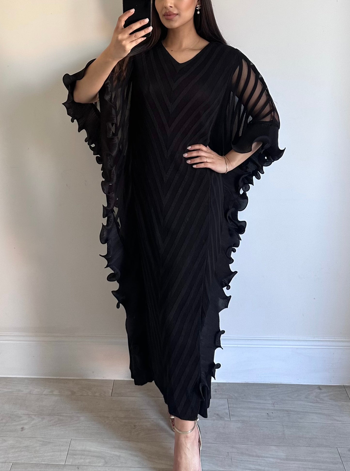 Black Ruffle Belted Pleated Kaftan Dress