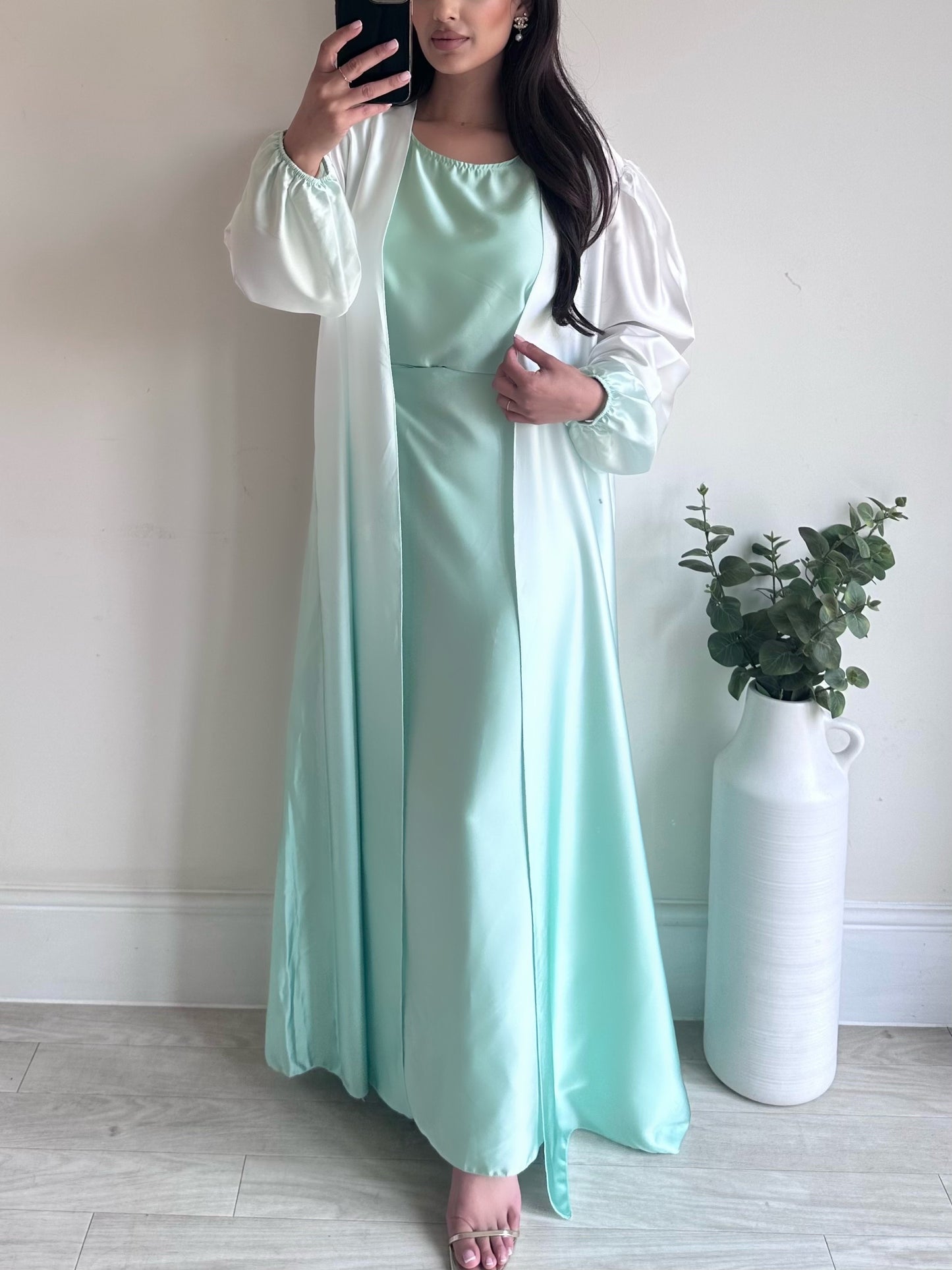 Aqua Blue Satin Ombré Abaya Set