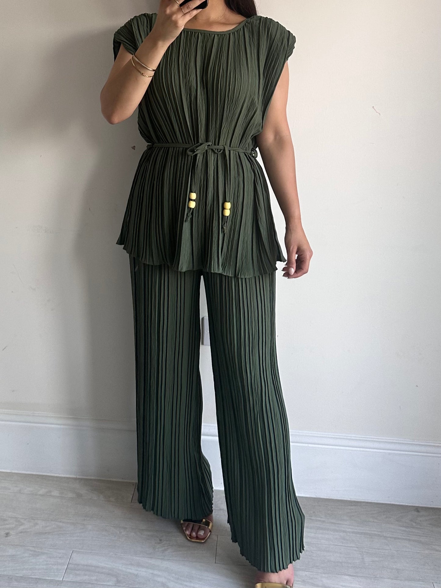 Khaki Green Pleated Short Sleeve Set Co-ord