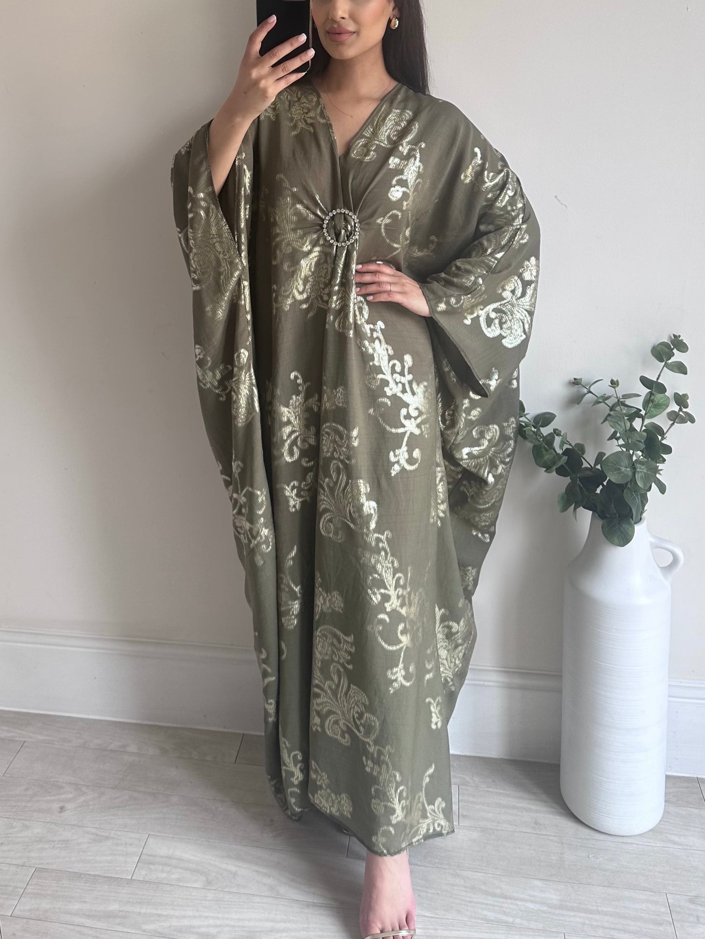Khaki Green Gold Floral Brooch Kaftan
