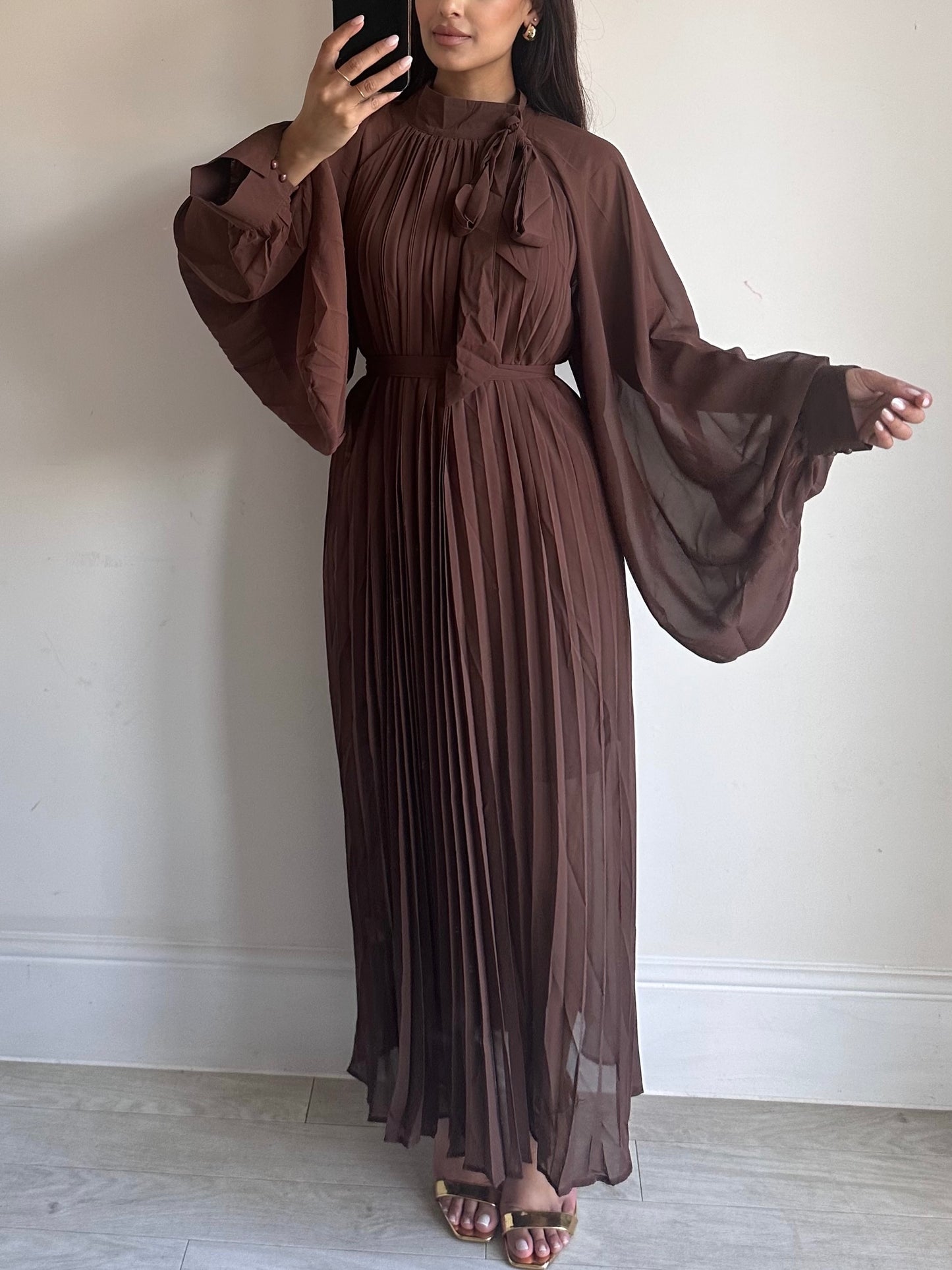 Brown Chiffon Pleated Dress
