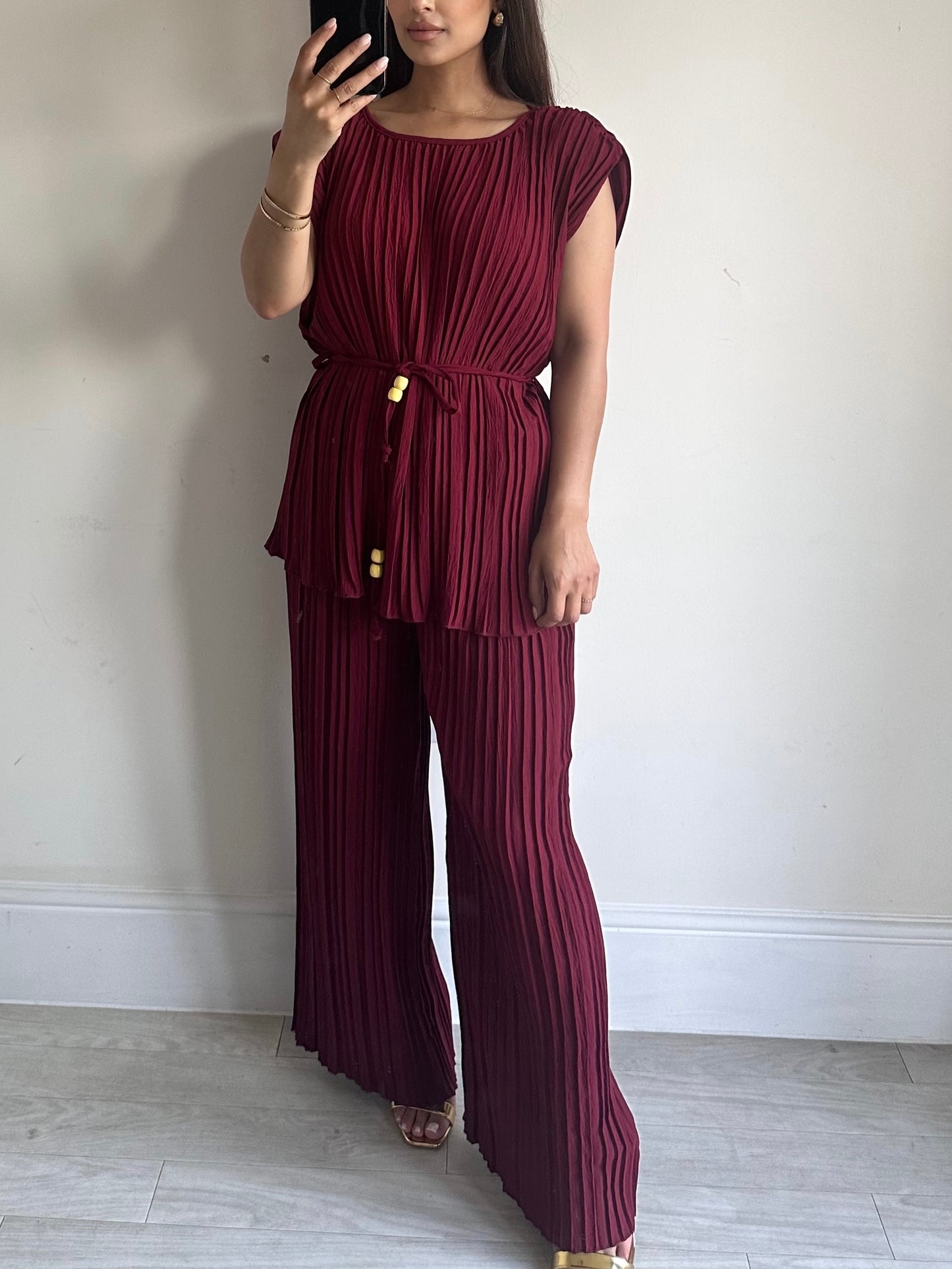 Burgundy Red Pleated Short Sleeve Set Co-ord